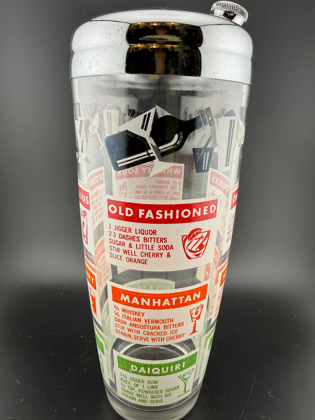 Vintage Mid-Century Glass Cocktail Shaker with Recipe Print & Chrome Lid — 9.25" Tall