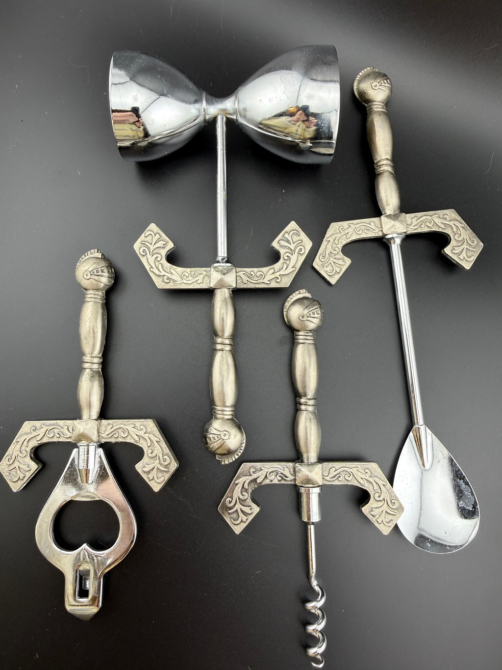 Vintage Silver-Plated 5-Piece Bar Tool Set — Ornate Acanthus Leaf Handles