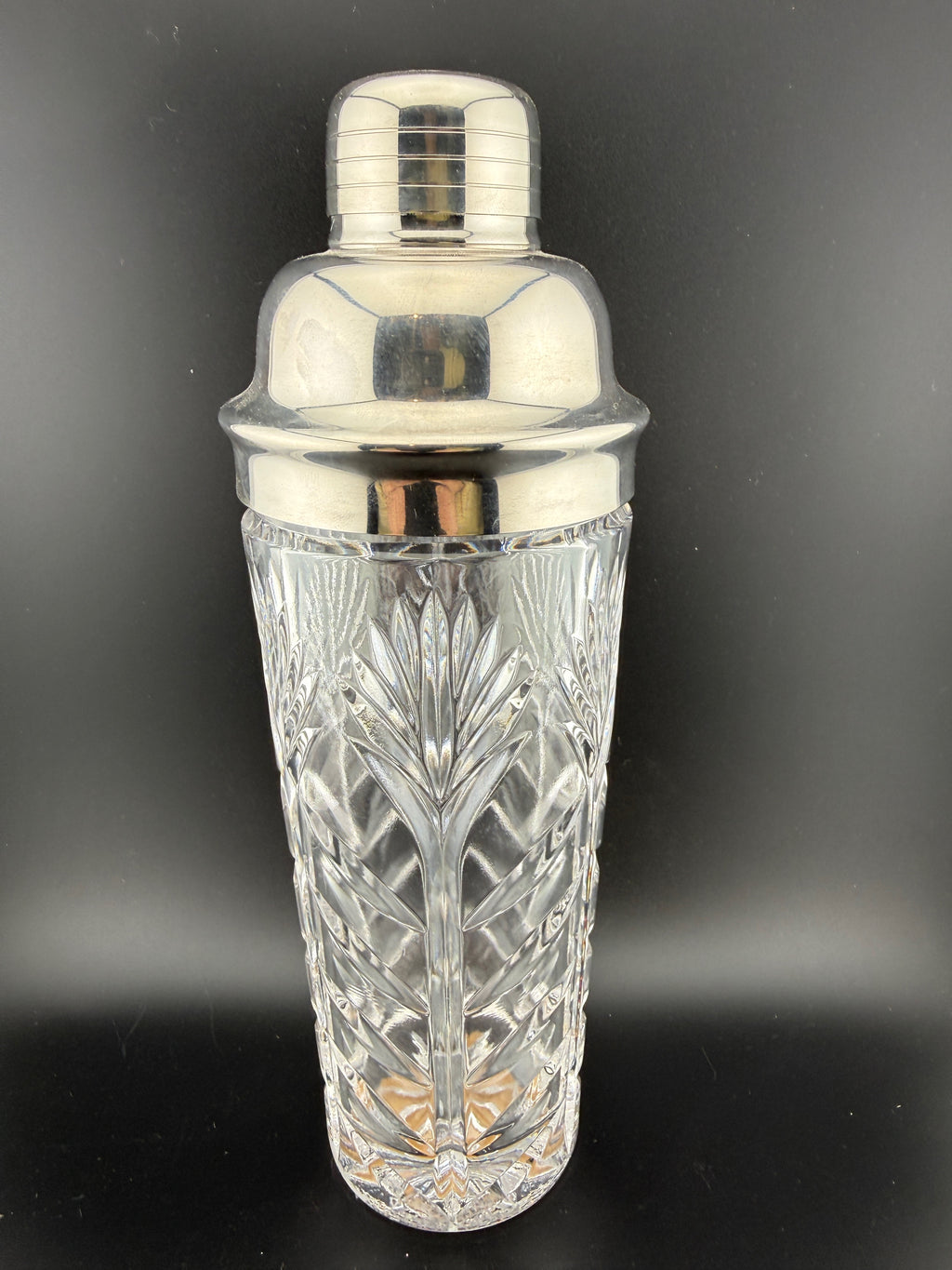 Vintage Pressed Crystal Cocktail Shaker with Silver-Plated Lid & Strainer — 10" Tall