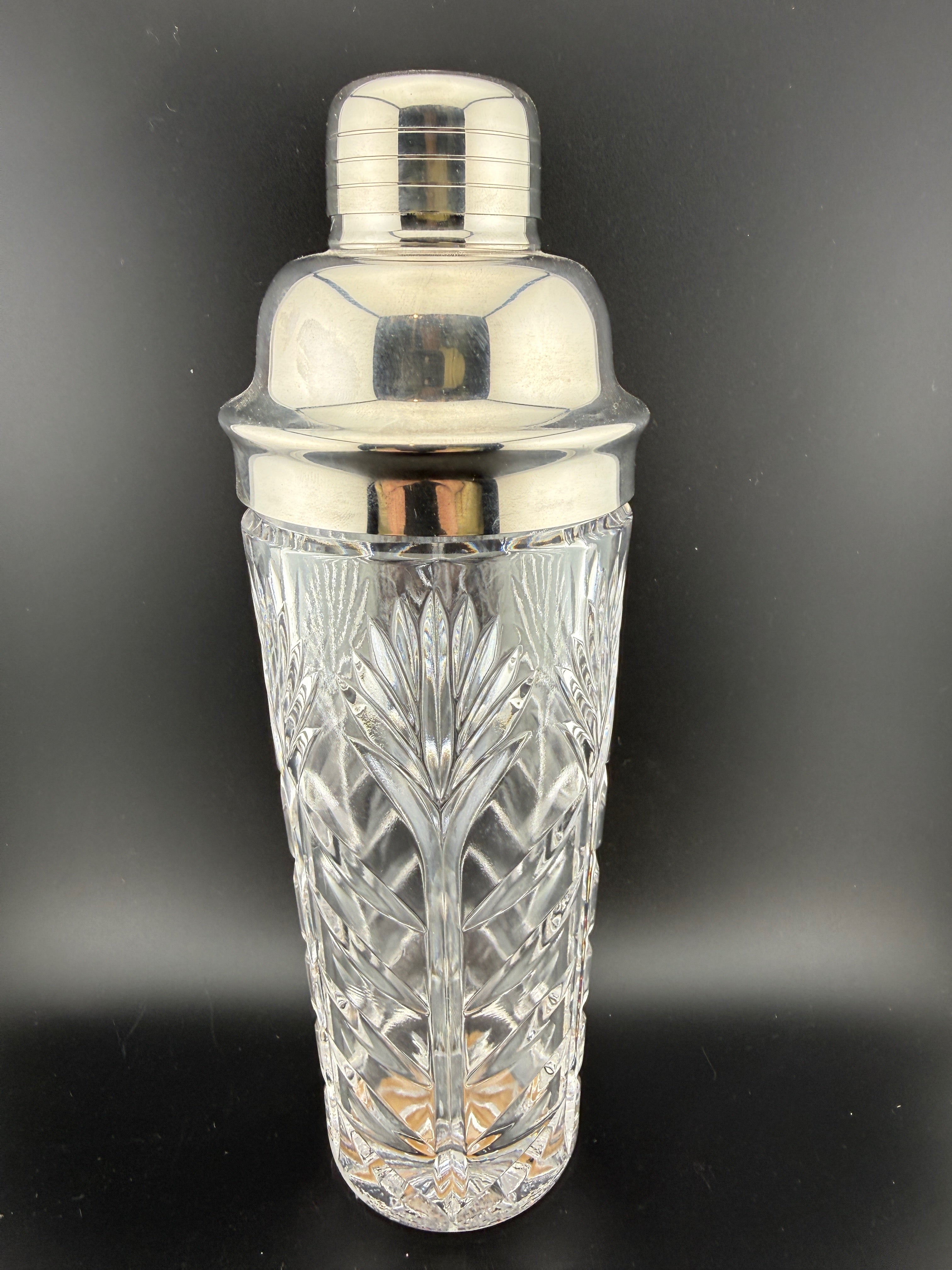 Vintage Pressed Crystal Cocktail Shaker with Silver-Plated Lid & Strainer — 10" Tall