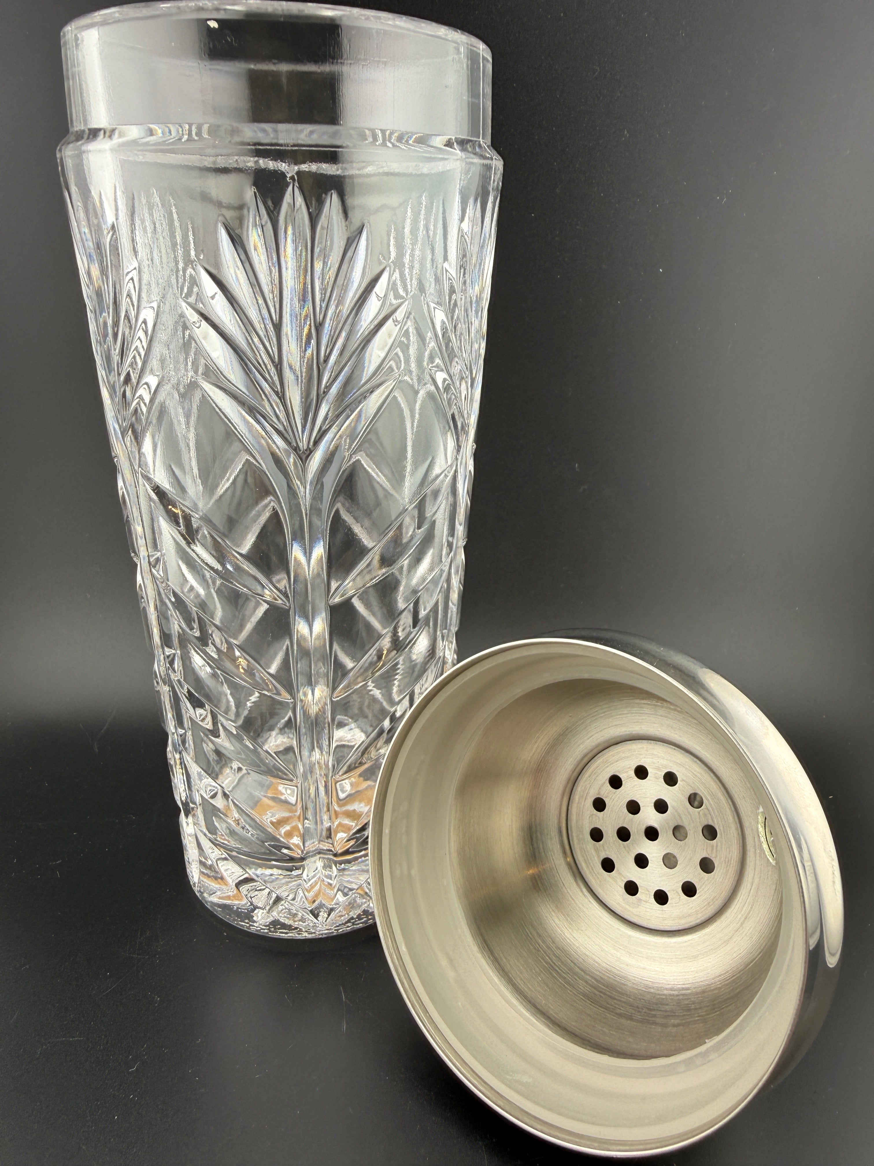 Vintage Pressed Crystal Cocktail Shaker with Silver-Plated Lid & Strainer — 10" Tall