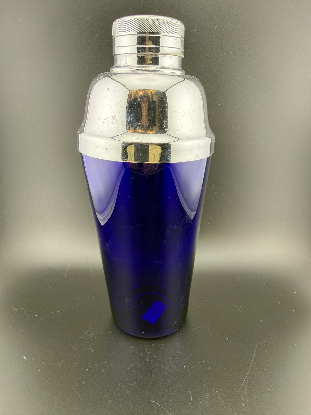 Vintage Cobalt Blue Glass Cocktail Shaker with Silver-Plated Lid & Strainer — 9" Tall