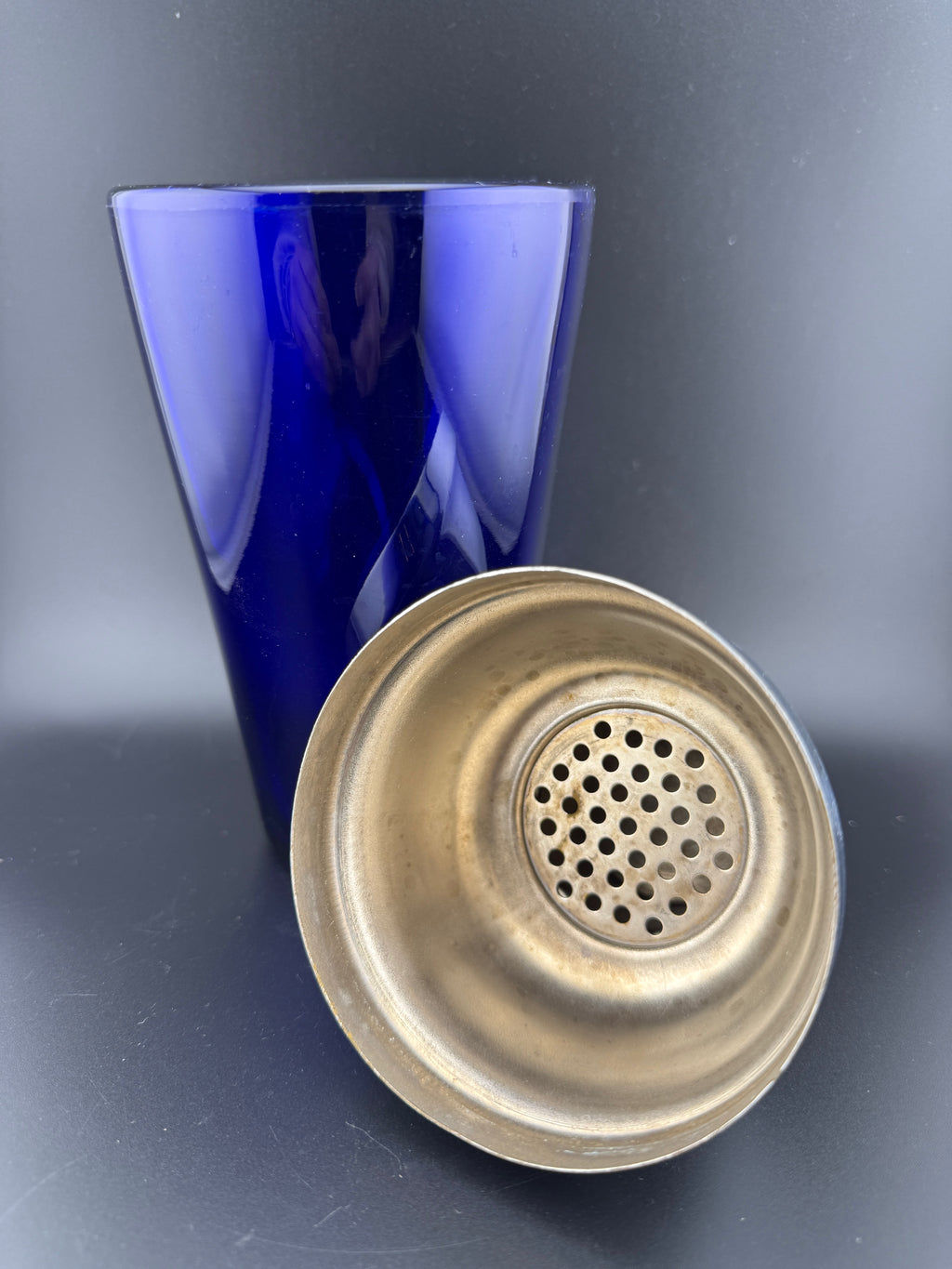 Vintage Cobalt Blue Glass Cocktail Shaker with Silver-Plated Lid & Strainer — 9" Tall
