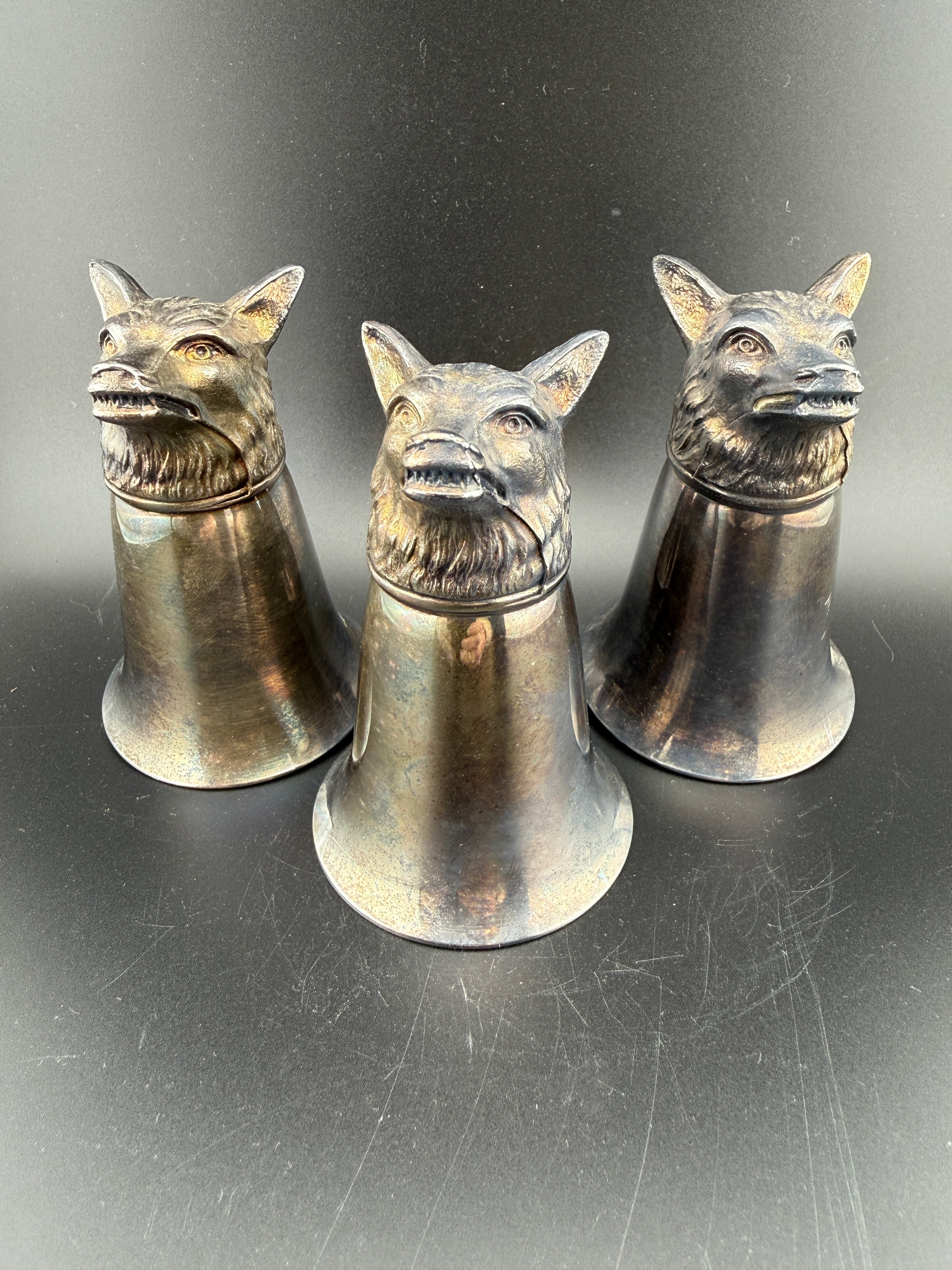 Set of 3 Vintage Silver-Plate Fox Head Stirrup Cups with Gilt Interiors — 3.25" — English Hunt Tradition
