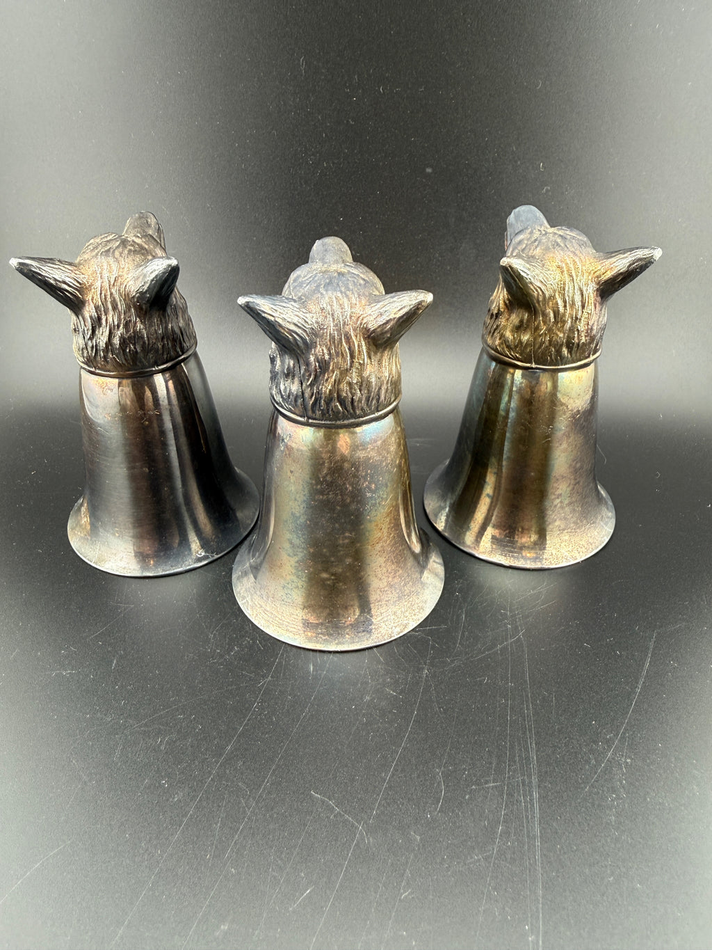 Set of 3 Vintage Silver-Plate Fox Head Stirrup Cups with Gilt Interiors — 3.25" — English Hunt Tradition