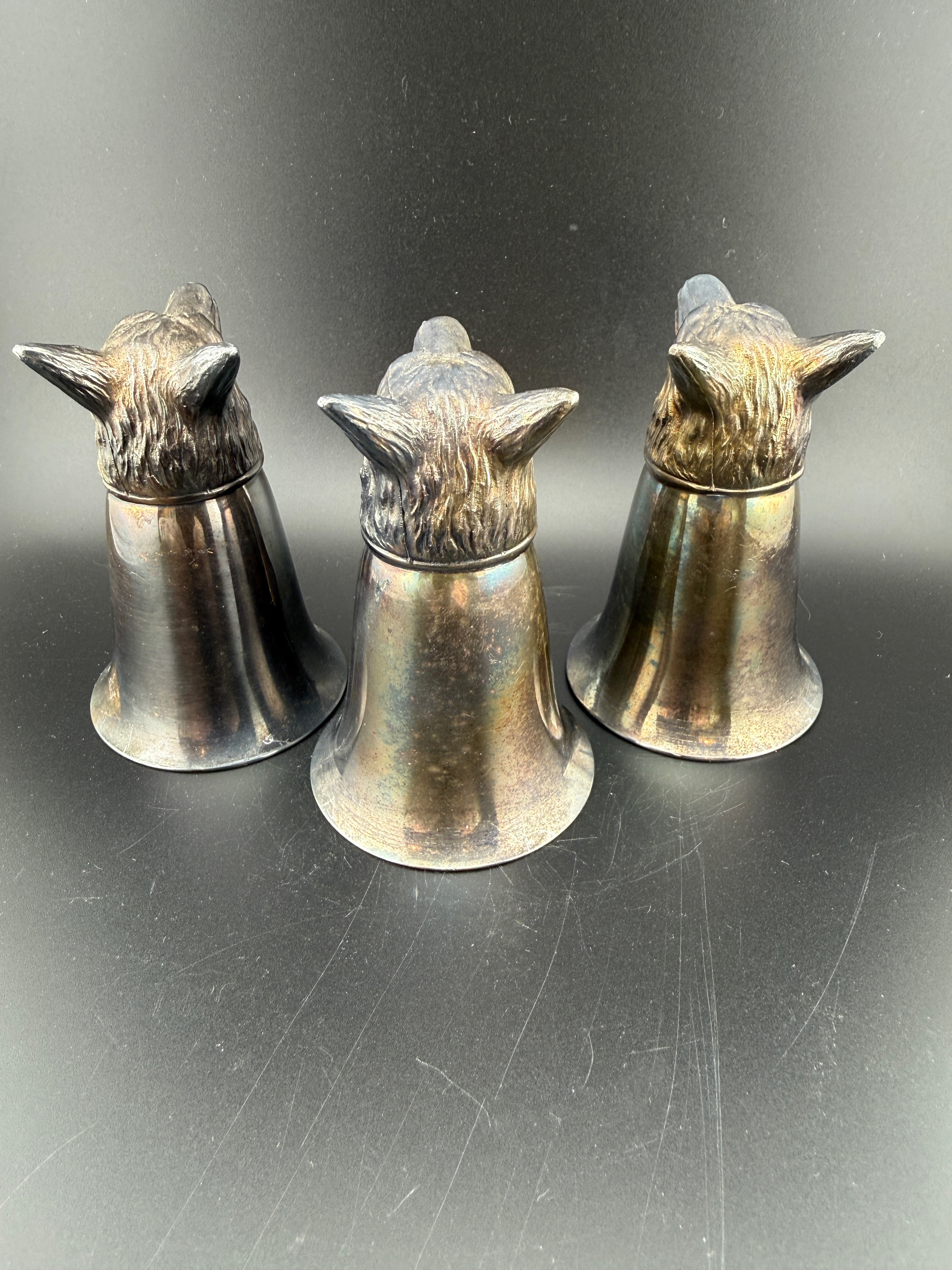Set of 3 Vintage Silver-Plate Fox Head Stirrup Cups with Gilt Interiors — 3.25" — English Hunt Tradition