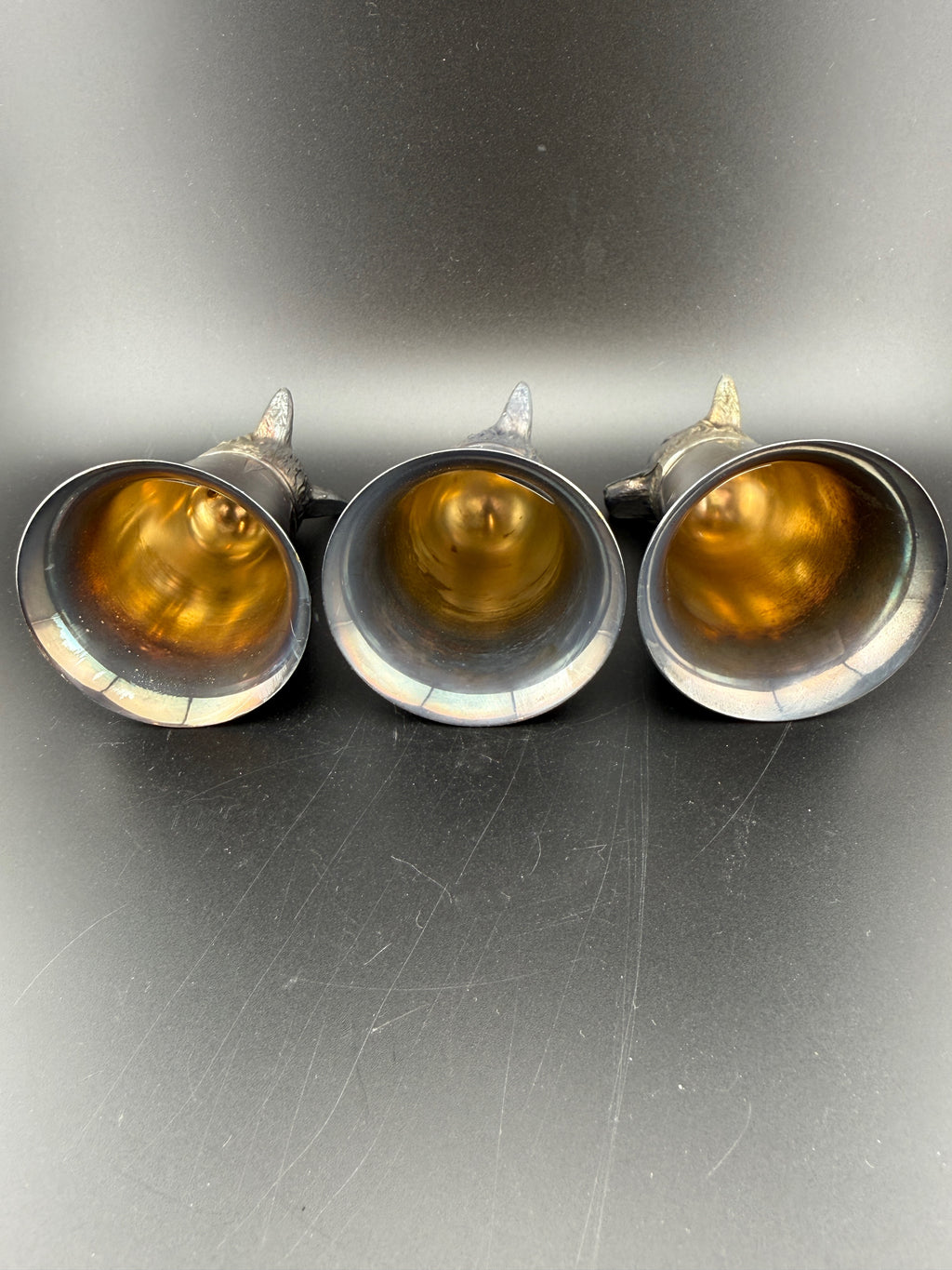 Set of 3 Vintage Silver-Plate Fox Head Stirrup Cups with Gilt Interiors — 3.25" — English Hunt Tradition