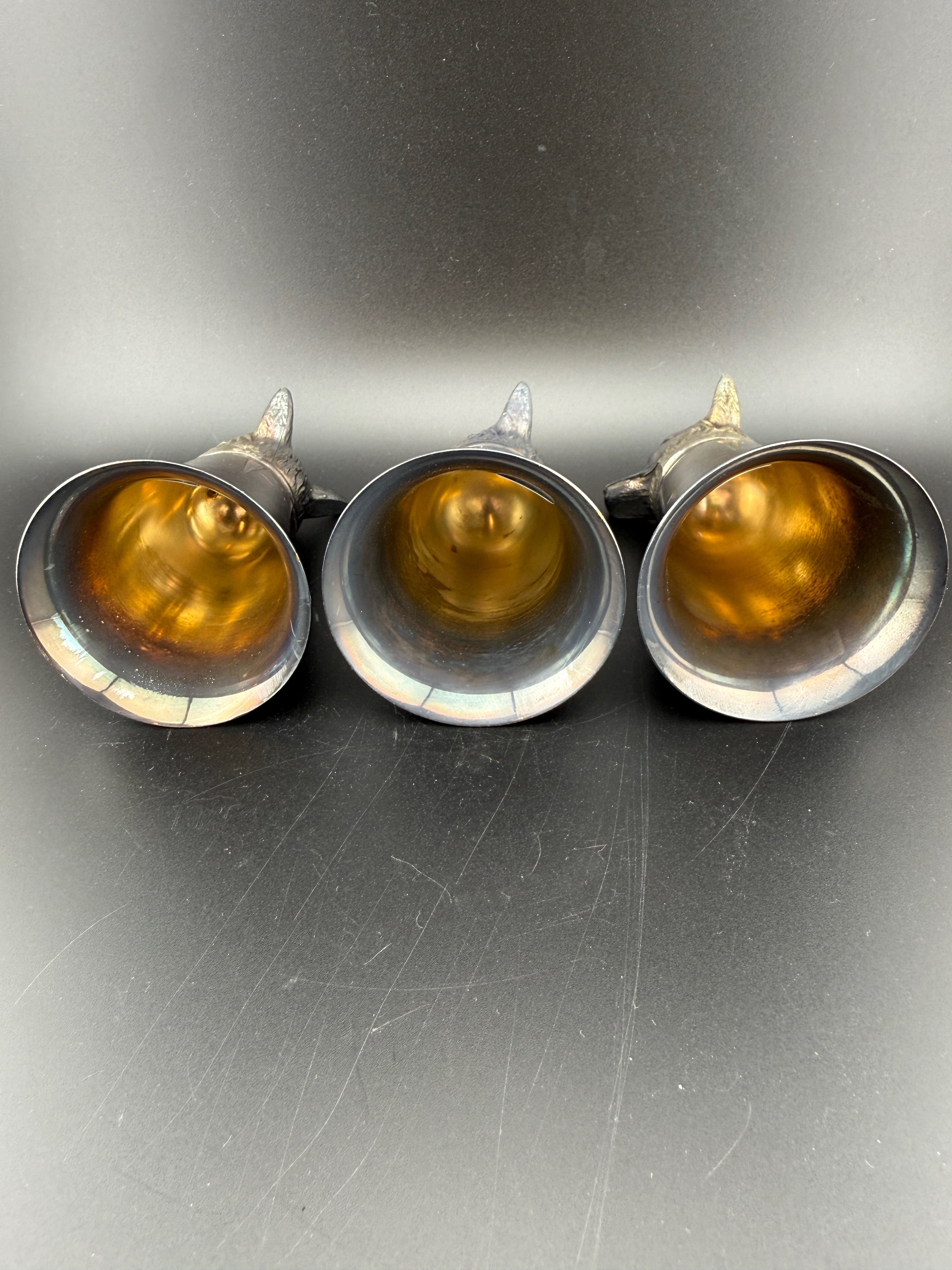 Set of 3 Vintage Silver-Plate Fox Head Stirrup Cups with Gilt Interiors — 3.25" — English Hunt Tradition
