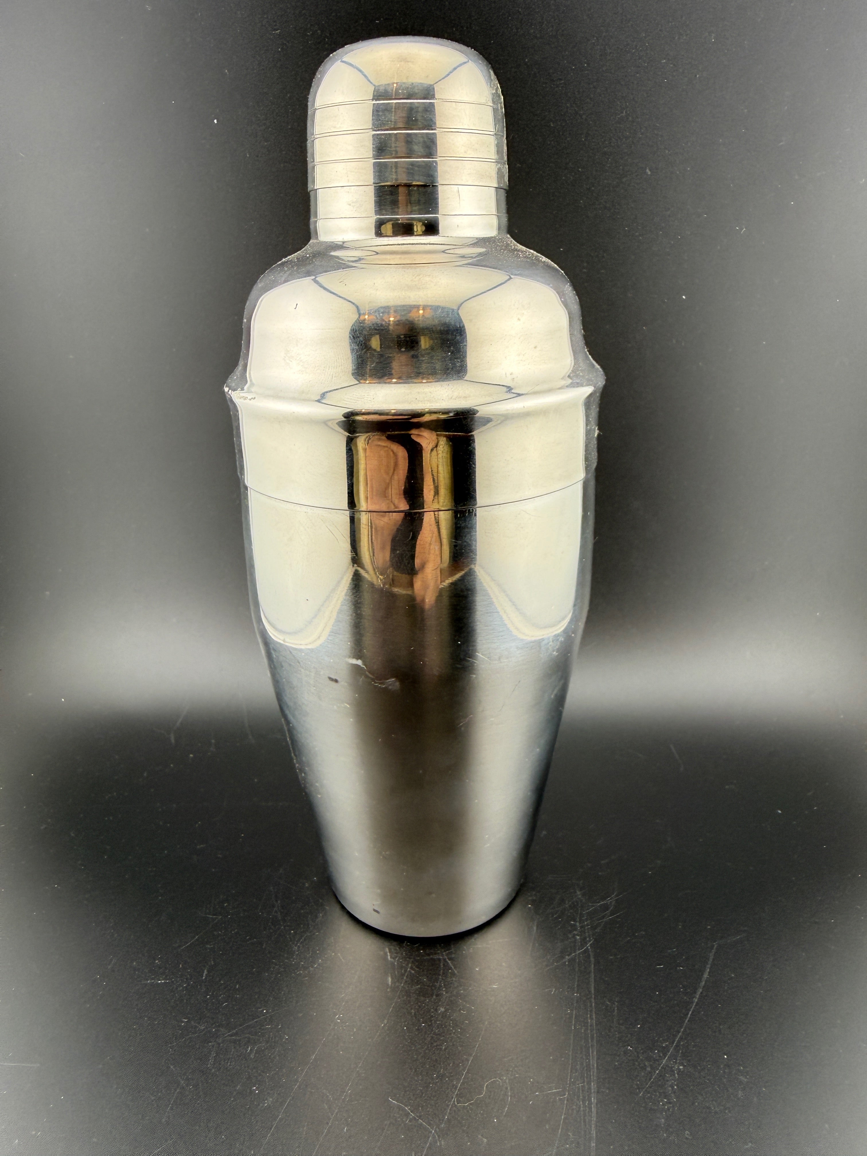 Vintage Stainless Steel Cocktail Shaker — 8" — Bulbous Torpedo Form with Strainer Cap