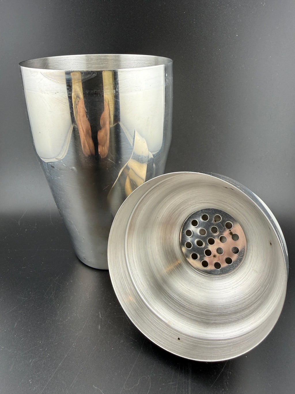 Vintage Stainless Steel Cocktail Shaker — 8" — Bulbous Torpedo Form with Strainer Cap