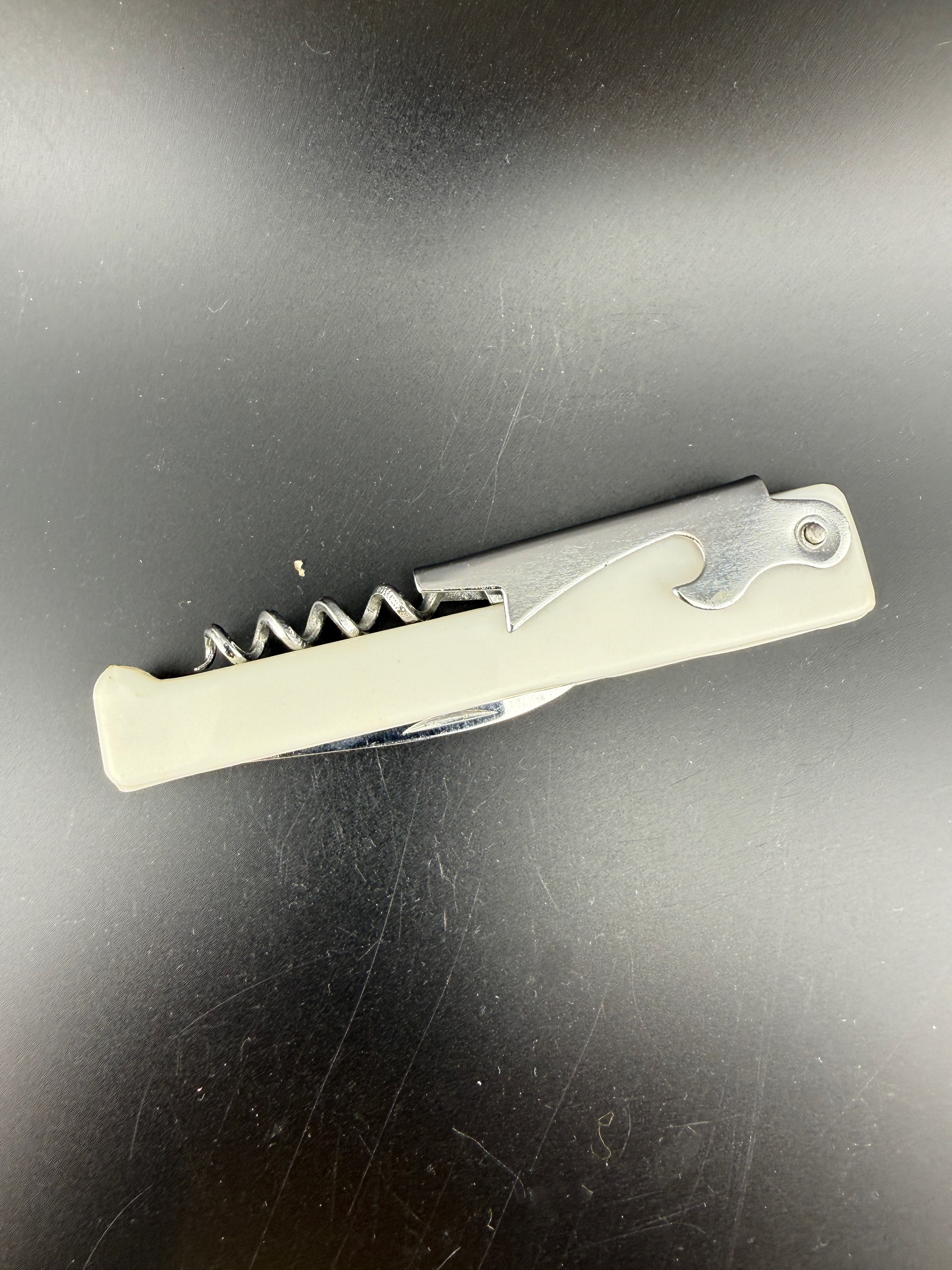 Vintage 3-in-1 Waiter's Corkscrew — 4.5" — White Plastic Handle with Knife & Bottle Opener