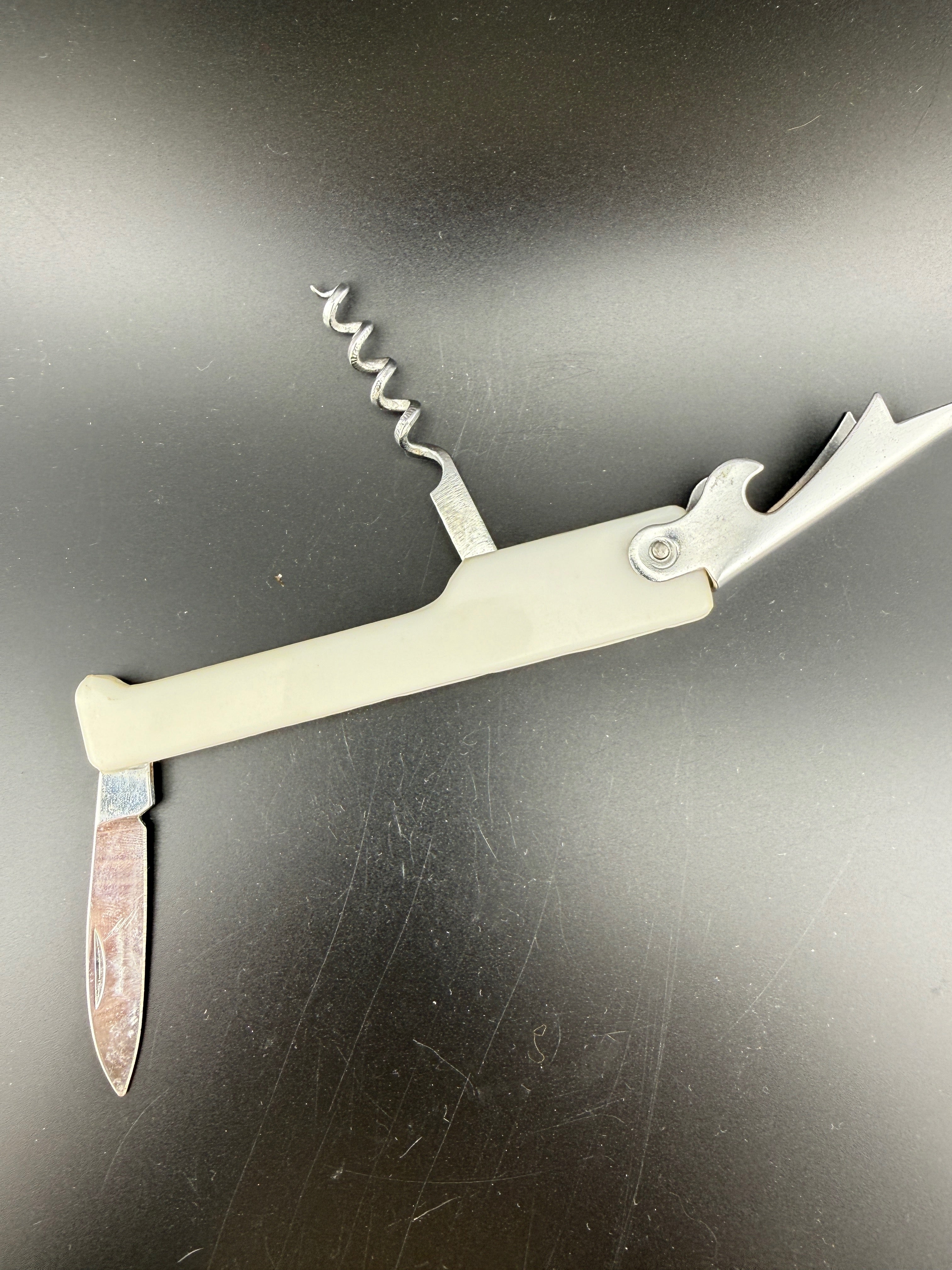 Vintage 3-in-1 Waiter's Corkscrew — 4.5" — White Plastic Handle with Knife & Bottle Opener