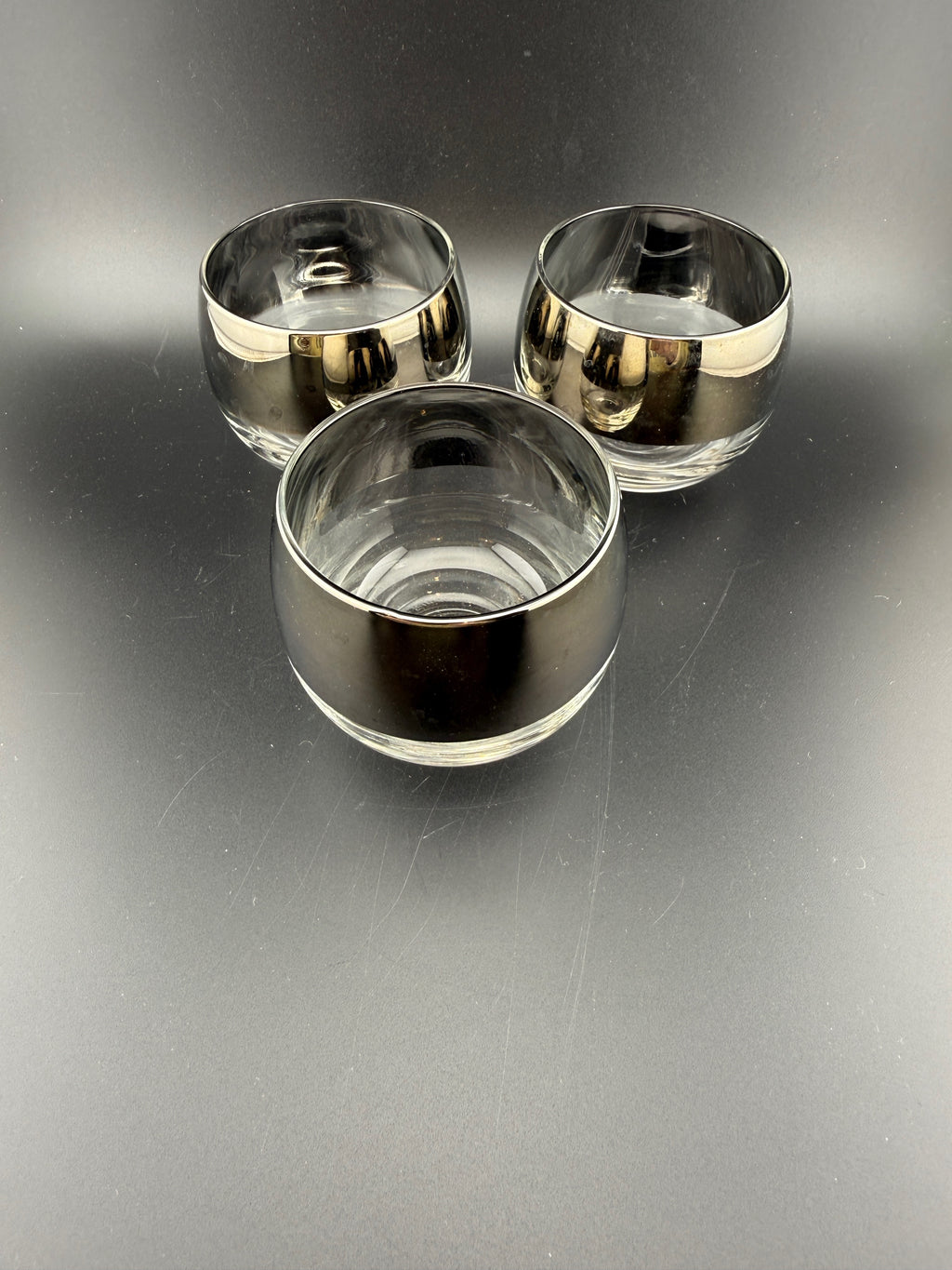 Set of 3 Mid-Century Silver Band Roly Poly Glasses — Dorothy Thorpe Style