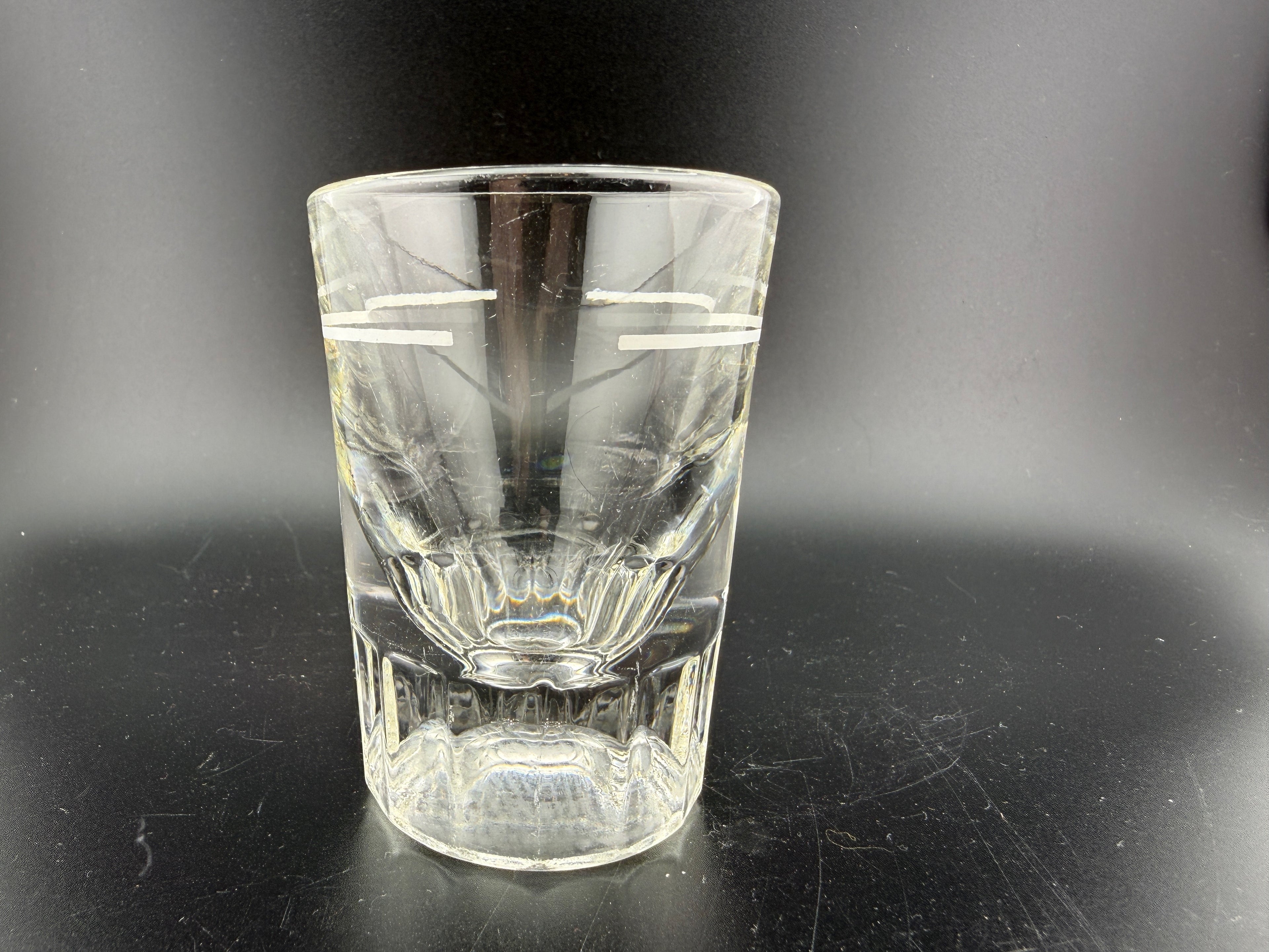 Libbey Etched Shot Glass — 2.75" — Art Deco Sunburst Base with Etched Band