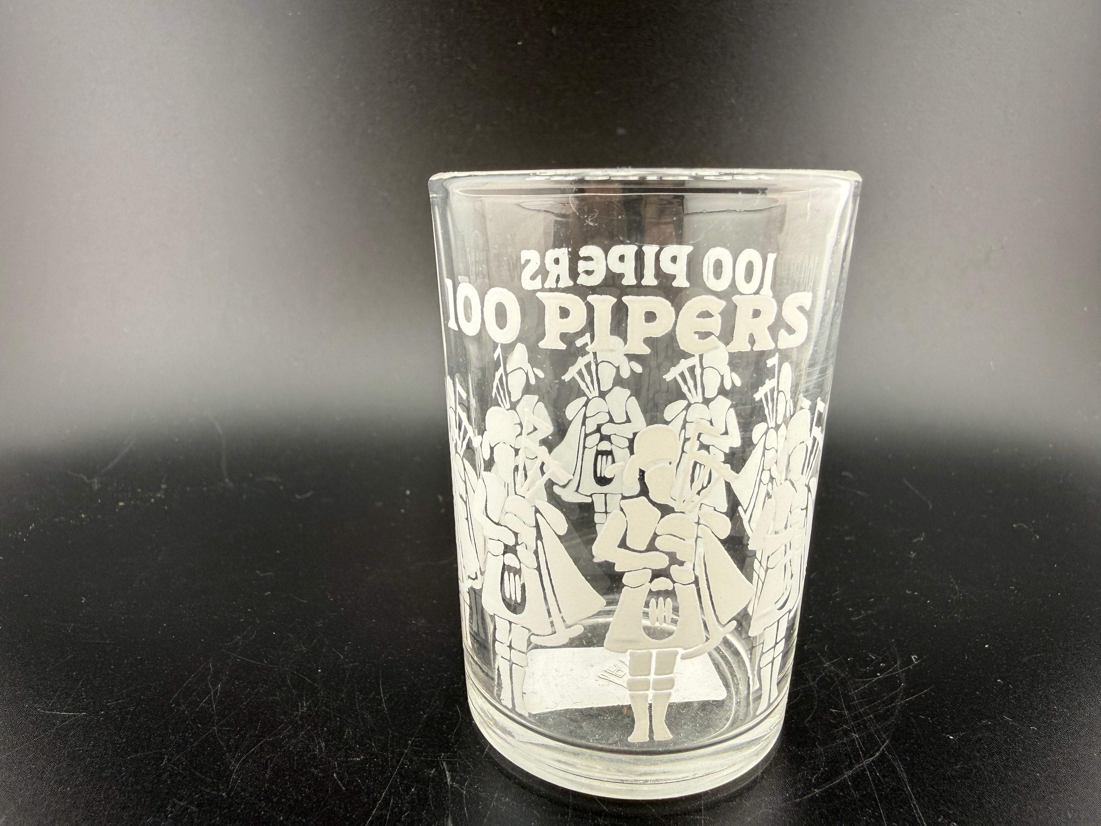 100 Pipers Scotch Whisky Promotional Rocks Glass — 2.5" — Bagpiper Scene Tumbler