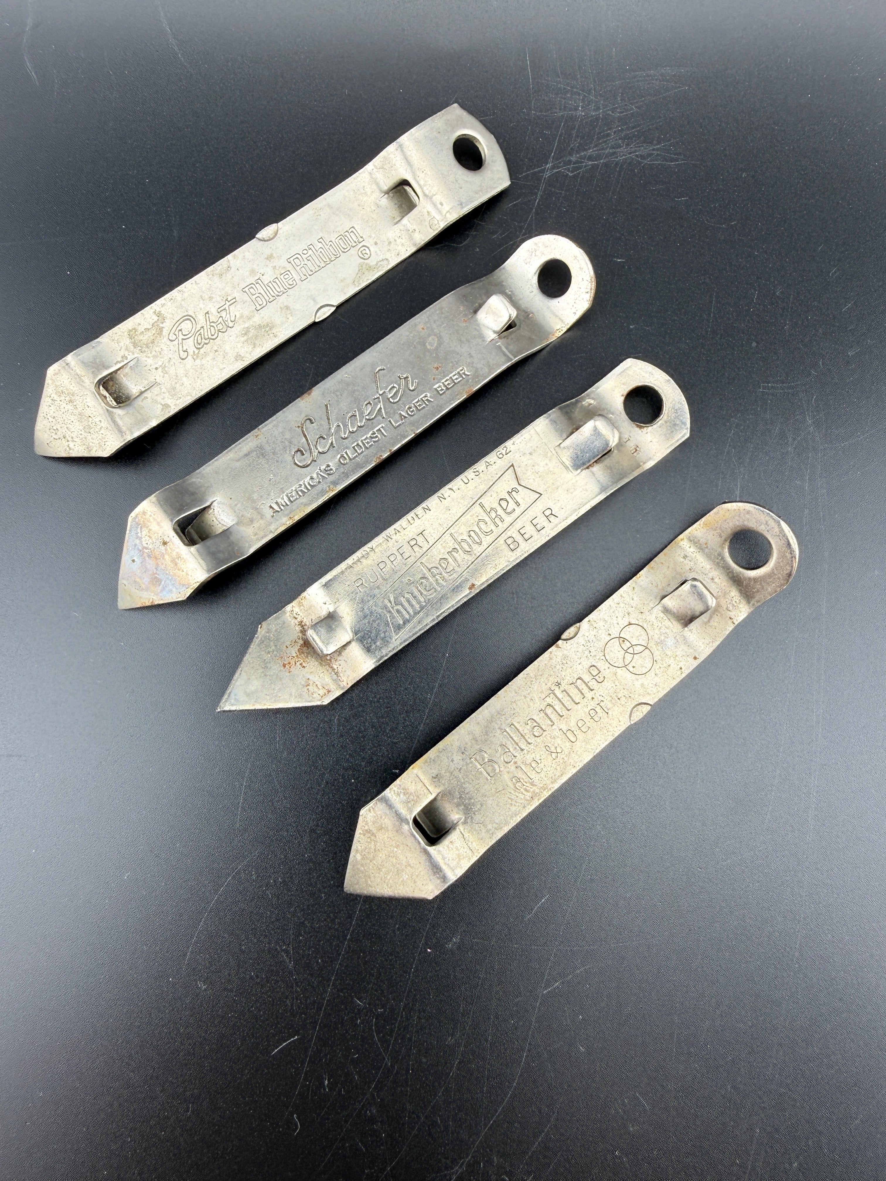 Set of 4 Vintage Brewery Promotional Church Key Openers — 3.5" — Pabst, Schaefer, Knickerbocker, Ballantine