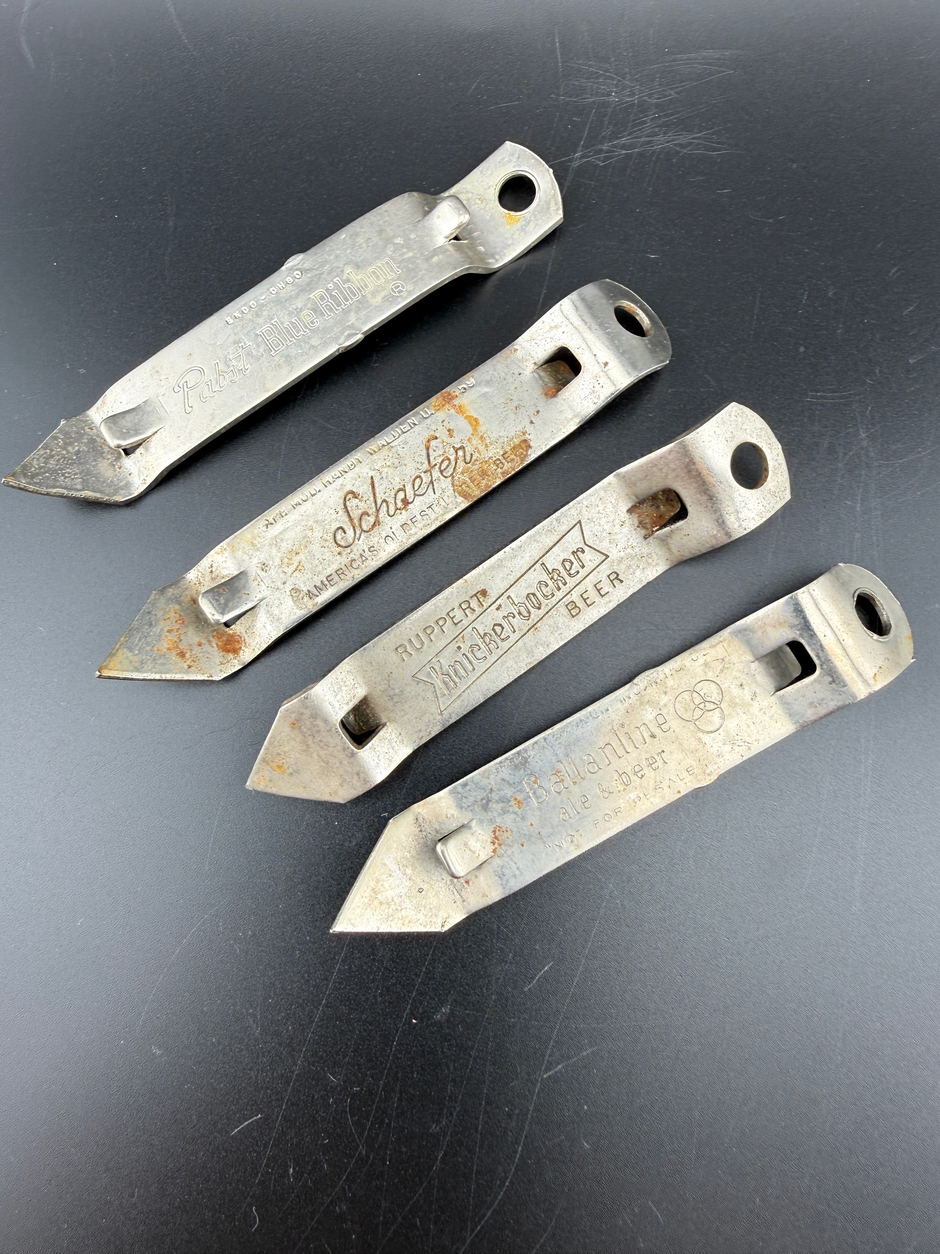 Set of 4 Vintage Brewery Promotional Church Key Openers — 3.5" — Pabst, Schaefer, Knickerbocker, Ballantine