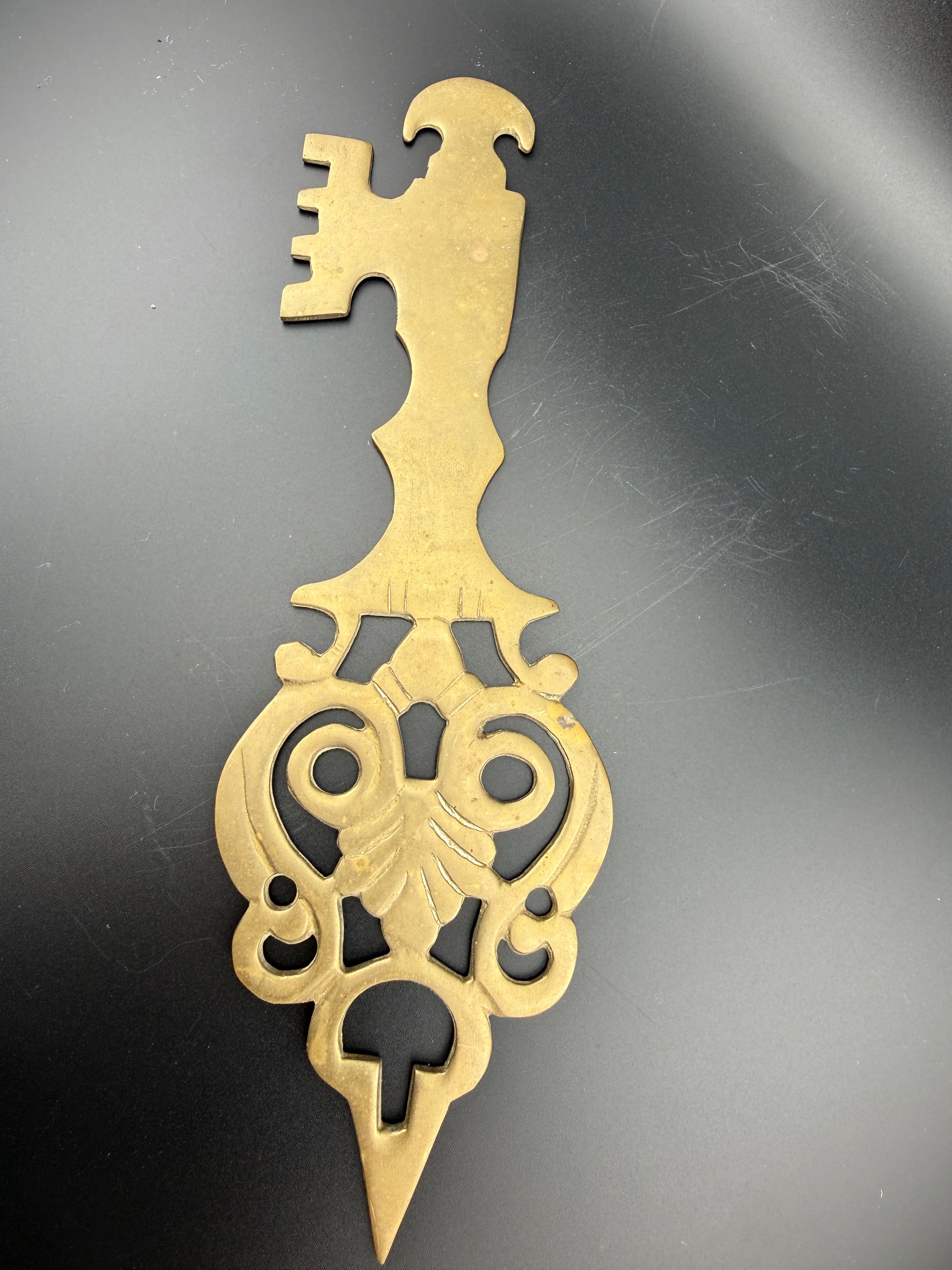 Antique Brass Clock Pendulum Bob — Ornate Pierced Scrollwork — 10" Tall