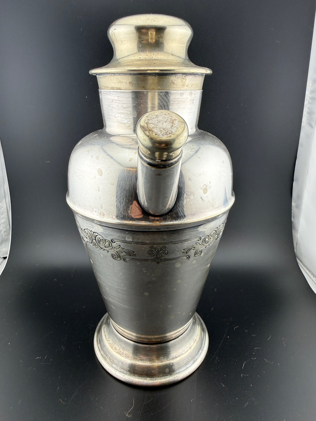 Vintage Silver Plate Cocktail Shaker / Pitcher with Engraved Scrollwork — 10.5"