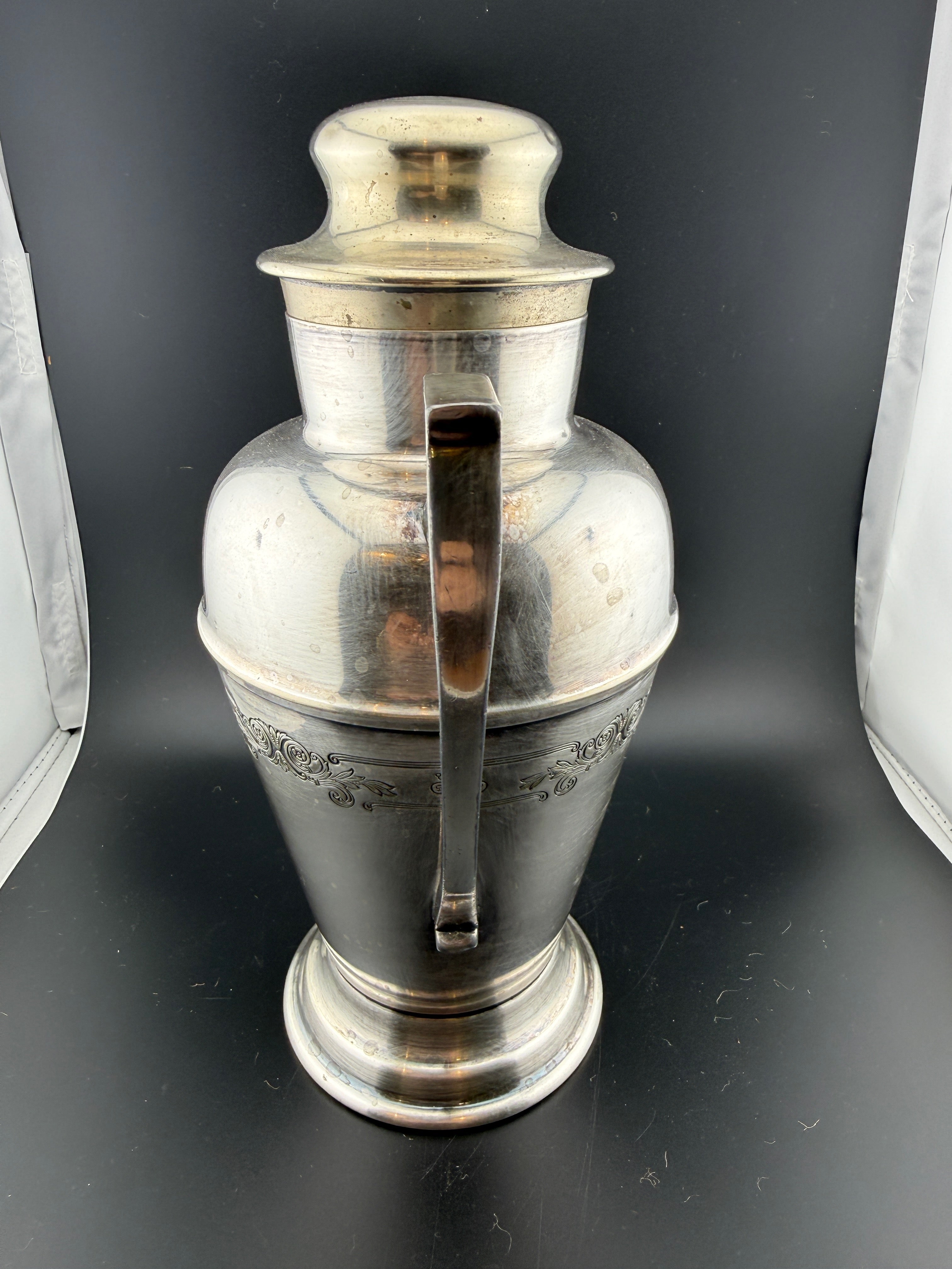 Vintage Silver Plate Cocktail Shaker / Pitcher with Engraved Scrollwork — 10.5"