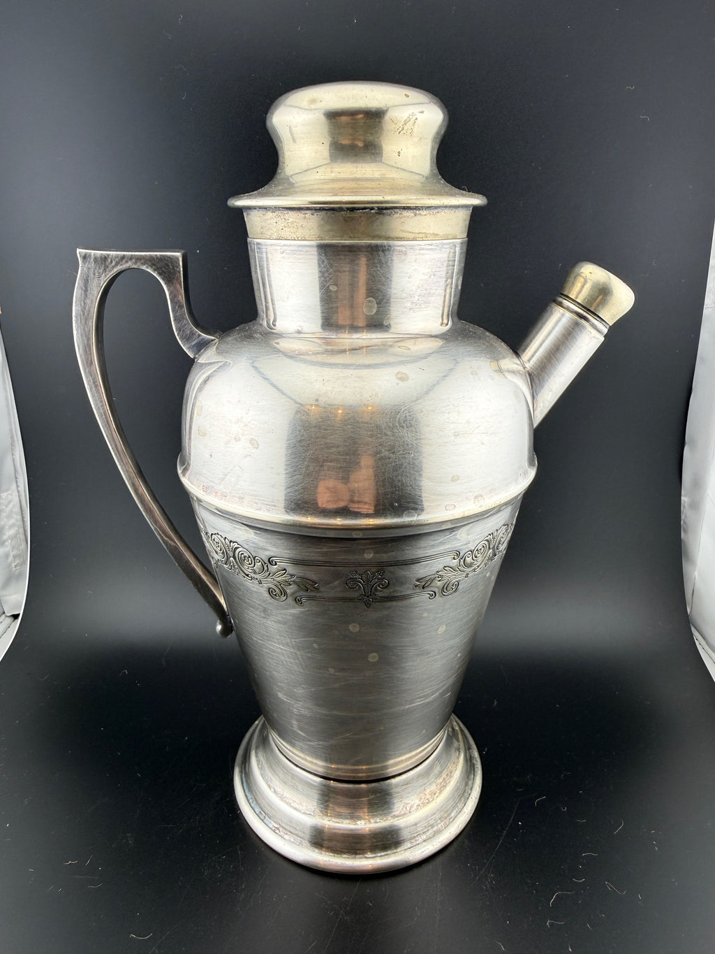 Vintage Silver Plate Cocktail Shaker / Pitcher with Engraved Scrollwork — 10.5"