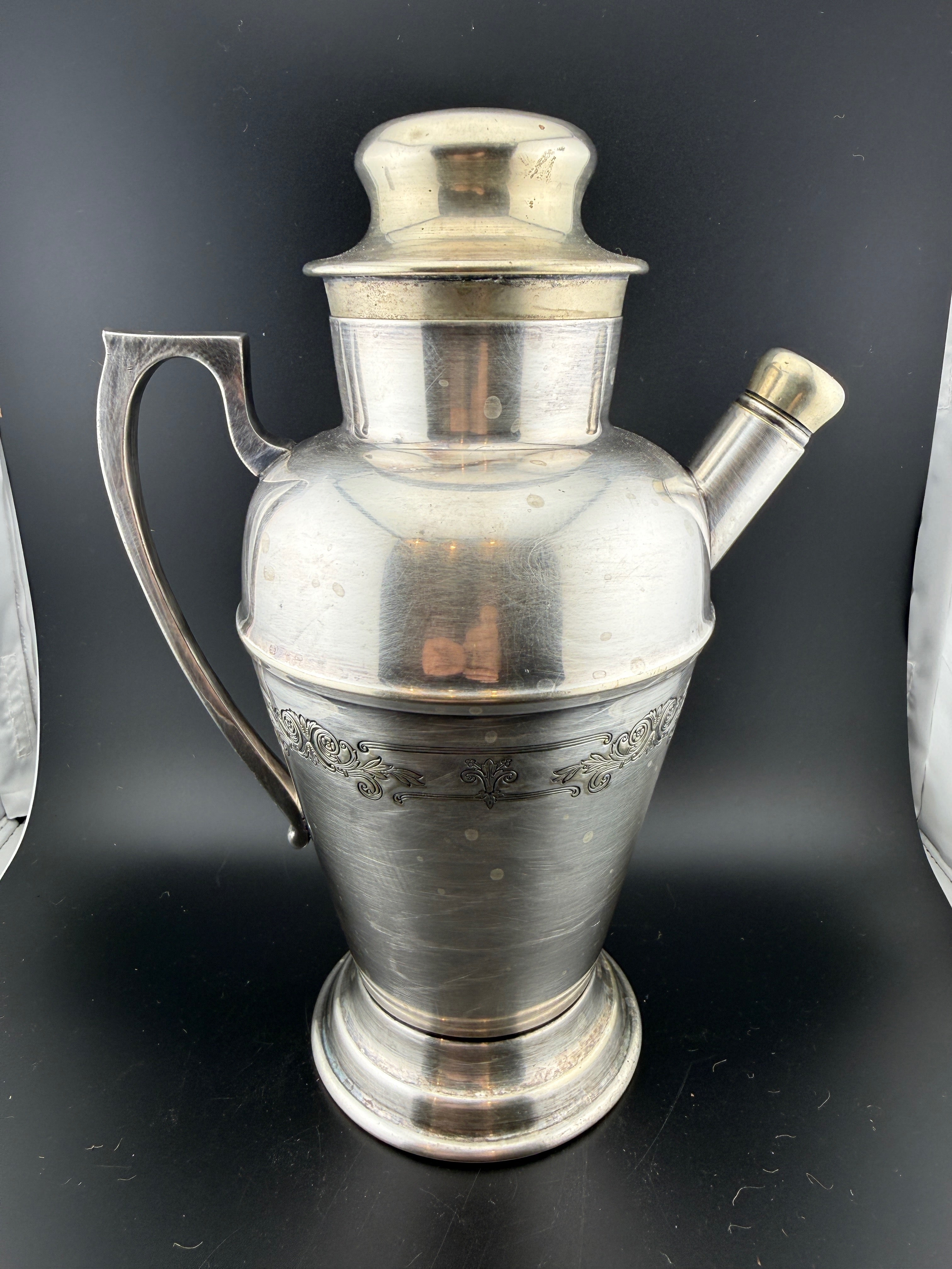 Vintage Silver Plate Cocktail Shaker / Pitcher with Engraved Scrollwork — 10.5"