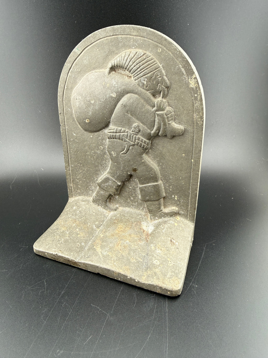 Antique Cast Iron Bookend / Doorstop — Peasant Figure with Sack & Mining Tools