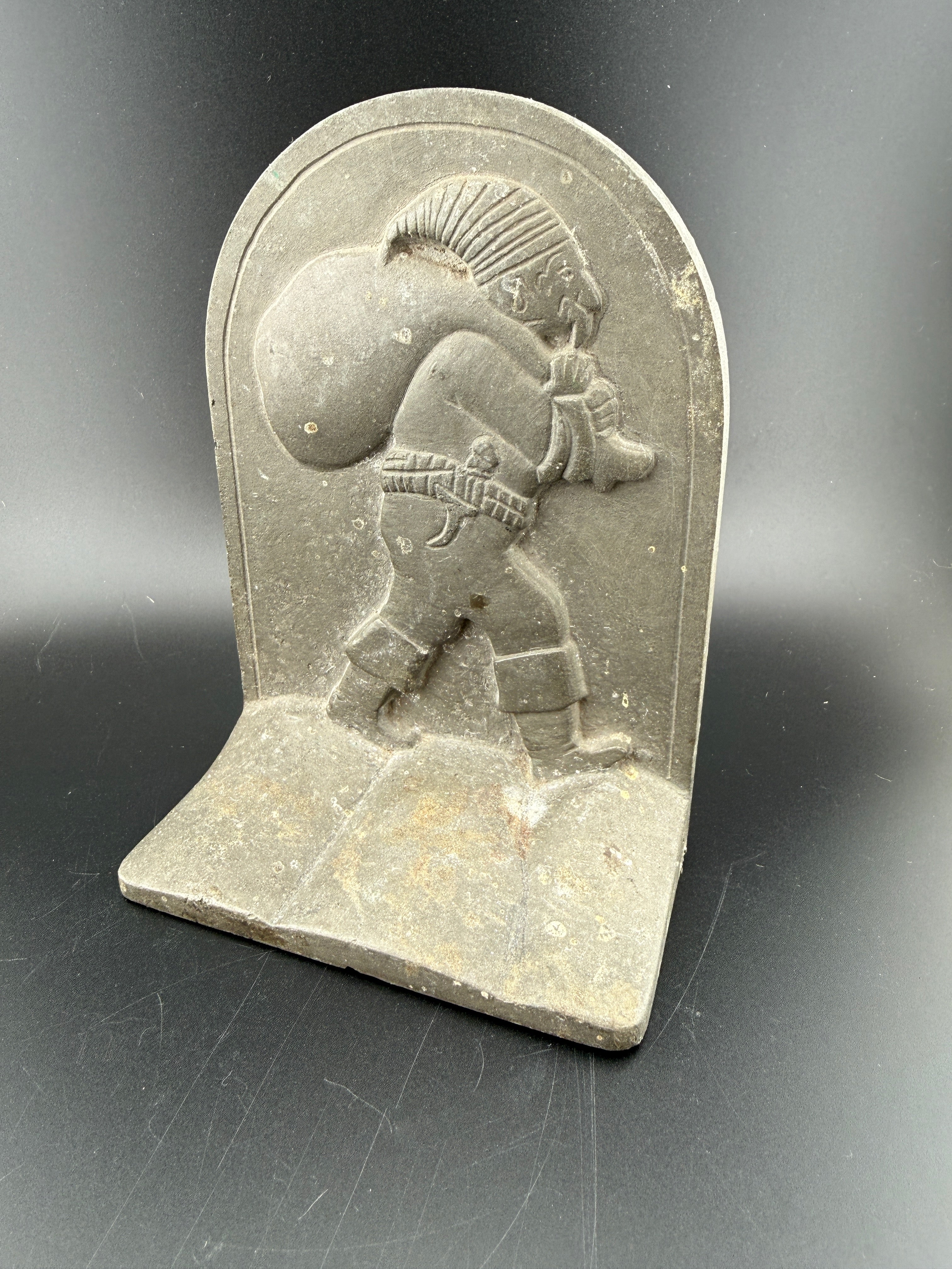 Antique Cast Iron Bookend / Doorstop — Peasant Figure with Sack & Mining Tools