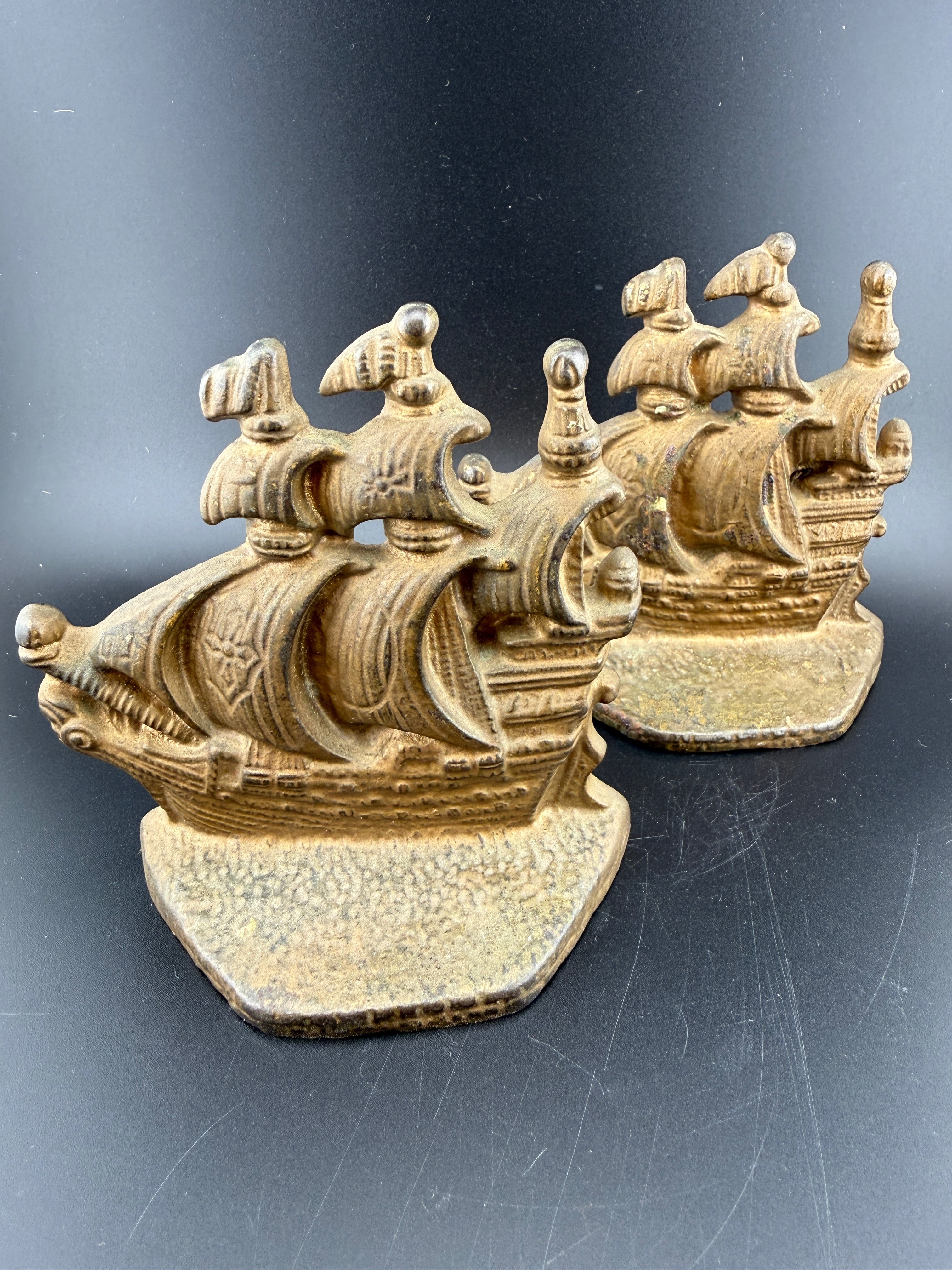 Pair of Cast Iron Galleon Sailing Ship Bookends — 4" wide x 4.25" tall