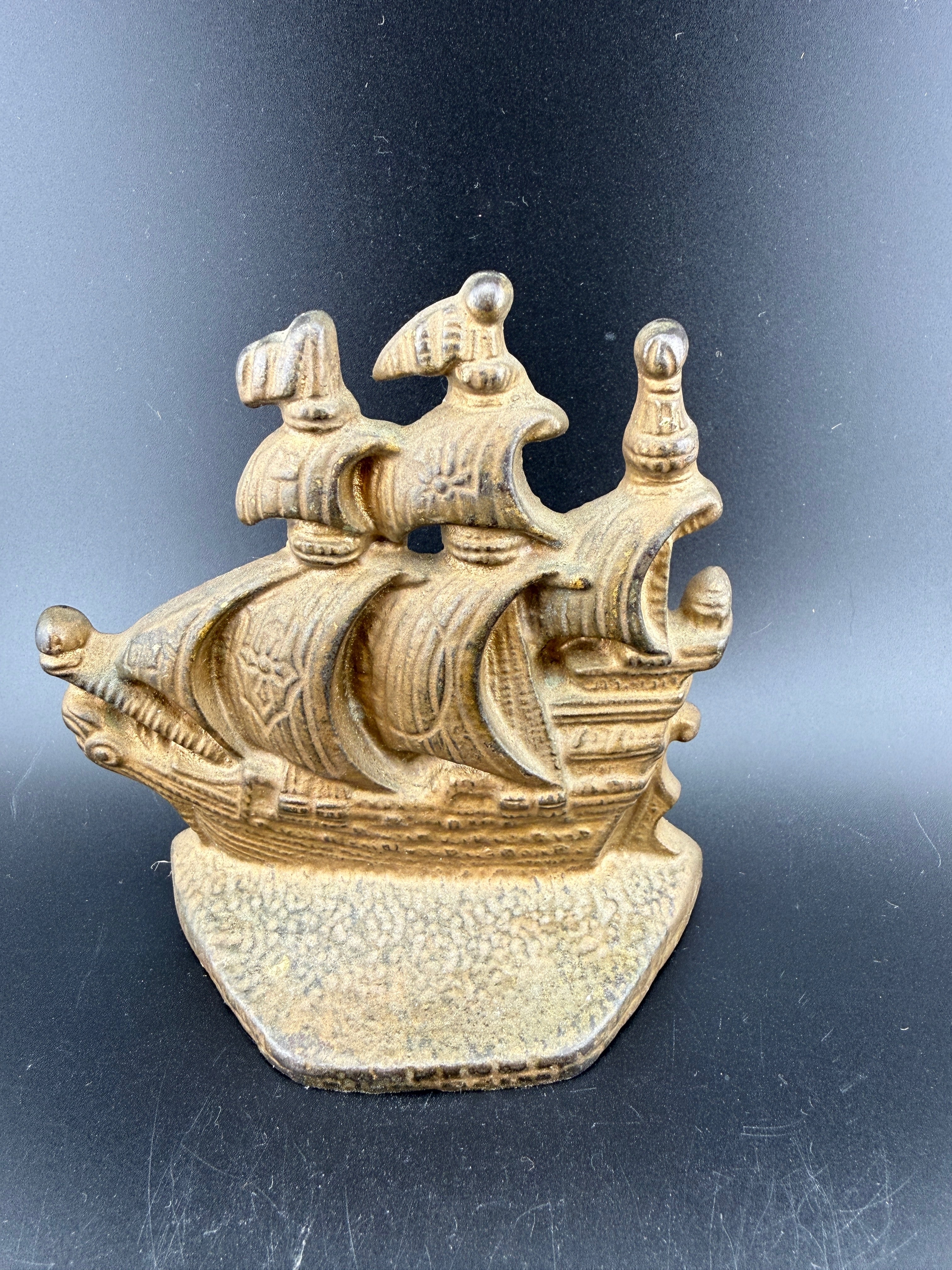 Pair of Cast Iron Galleon Sailing Ship Bookends — 4" wide x 4.25" tall