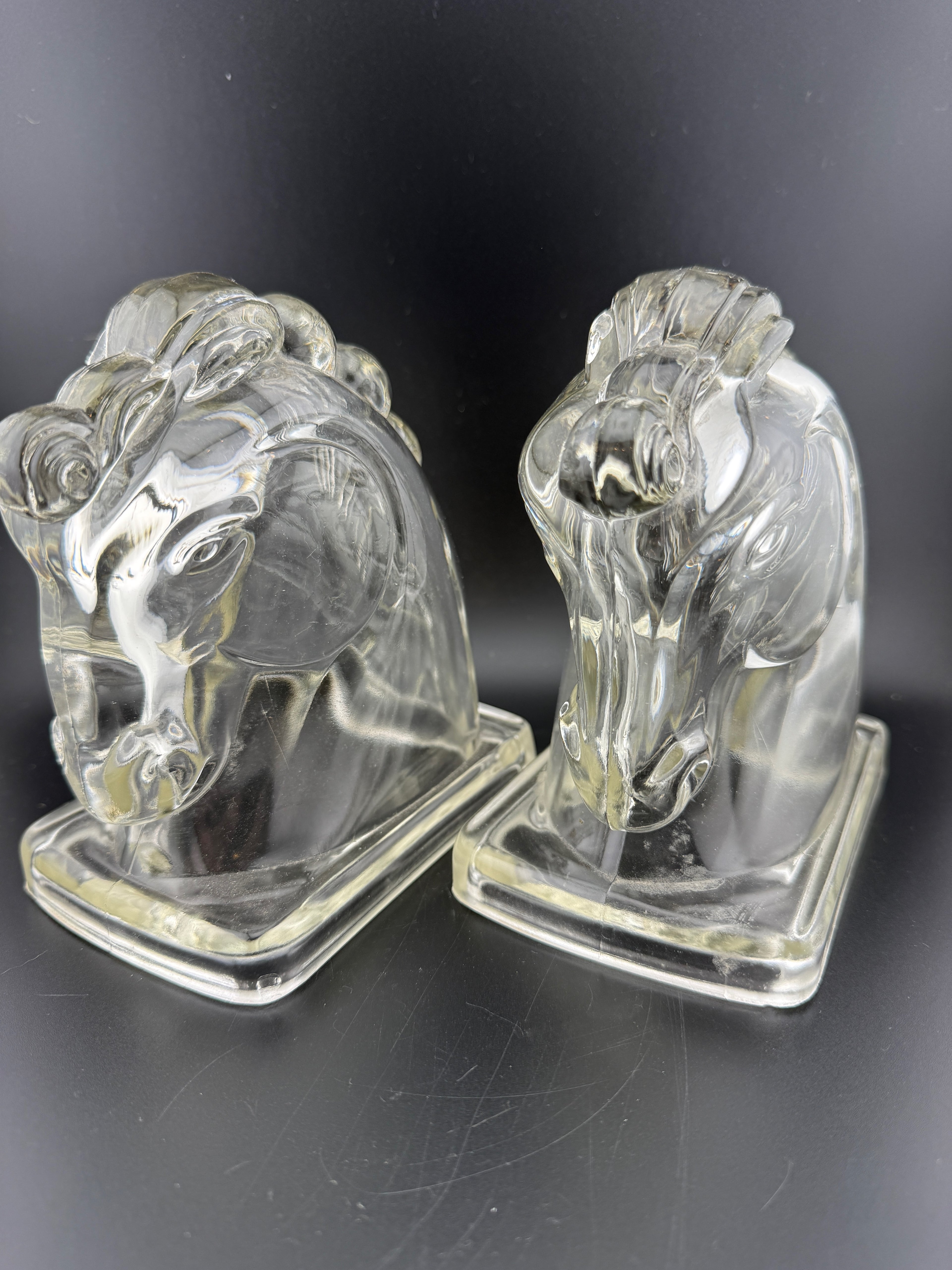 Pair of Federal Glass Art Deco Clear Glass Horse Head Bookends — 4.75" tall