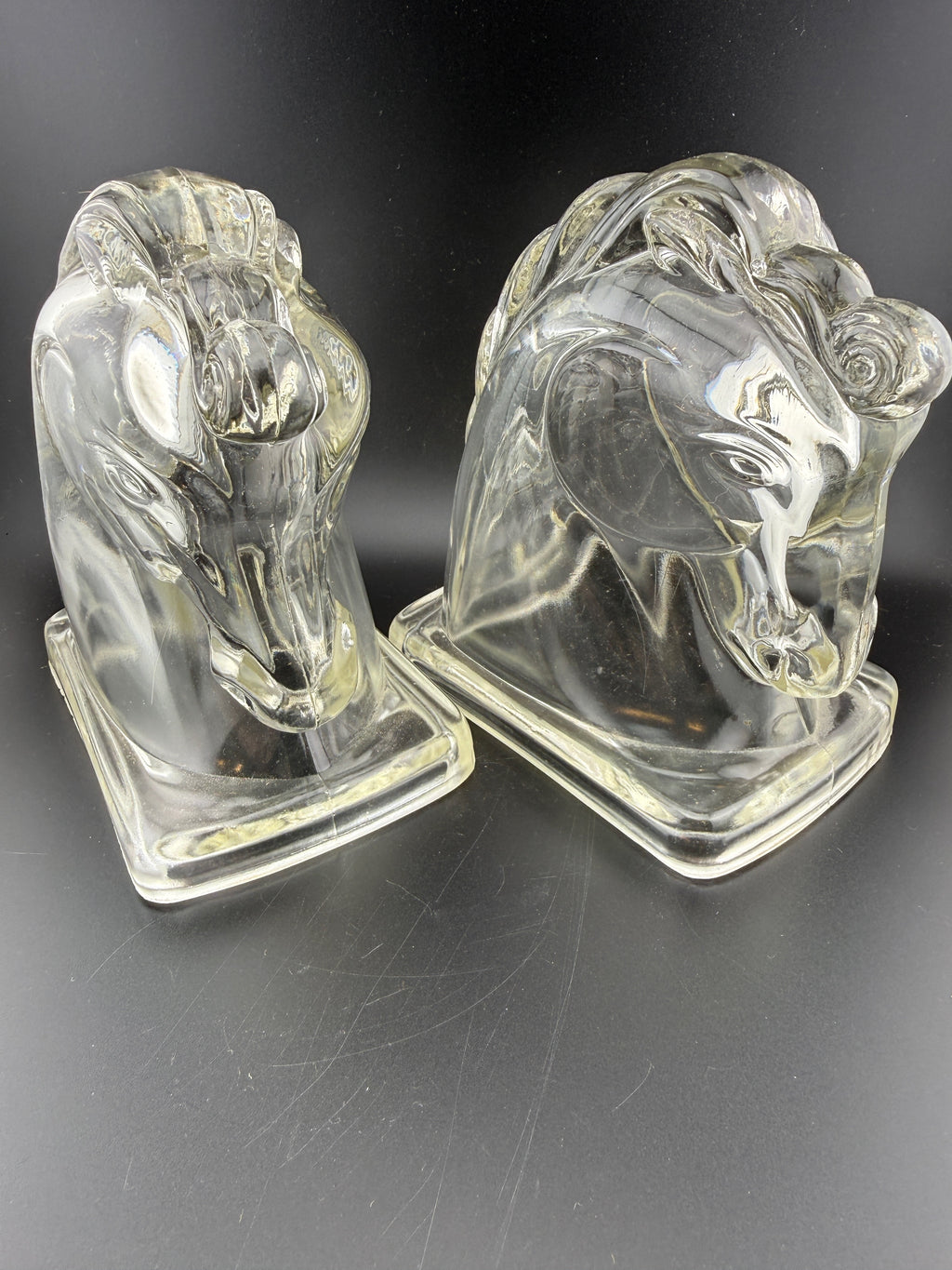 Pair of Federal Glass Art Deco Clear Glass Horse Head Bookends — 4.75" tall