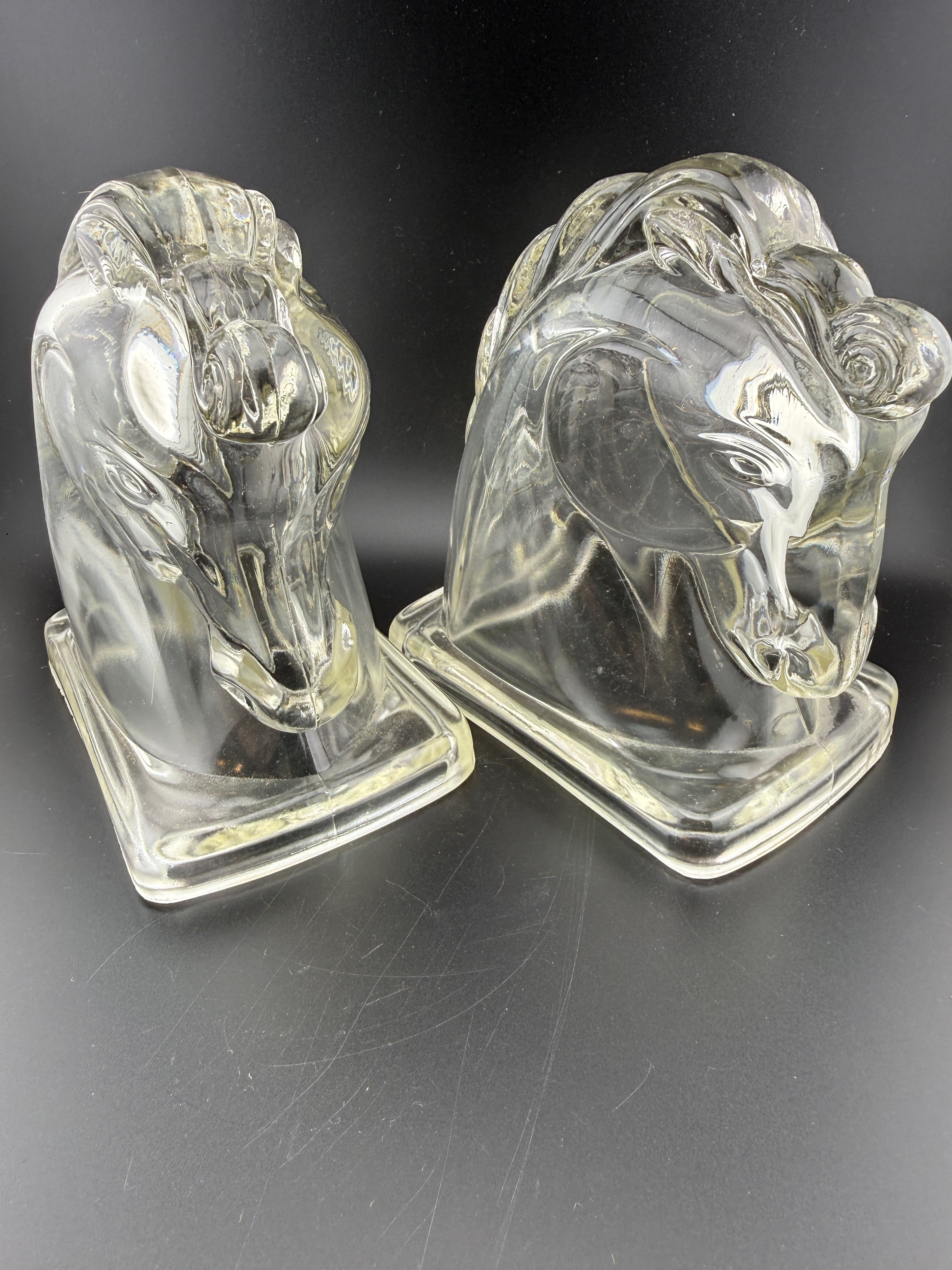 Pair of Federal Glass Art Deco Clear Glass Horse Head Bookends — 4.75" tall