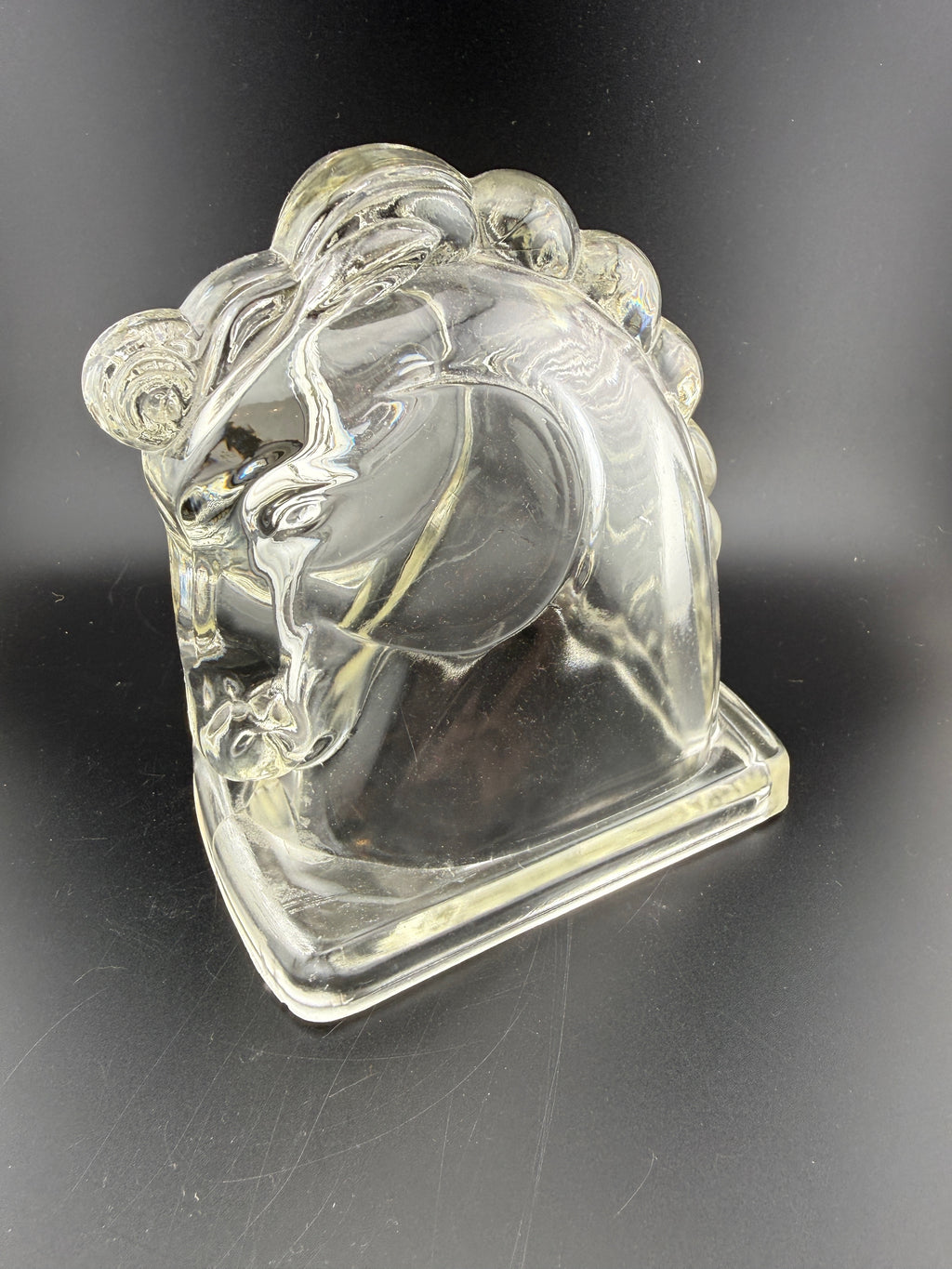 Pair of Federal Glass Art Deco Clear Glass Horse Head Bookends — 4.75" tall