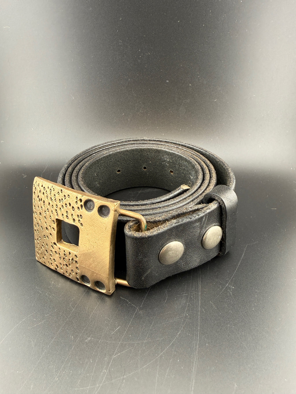 Vintage Hammered Brass Belt Buckle with Islamic Coin Medallion — Removable, with Black Leather Belt