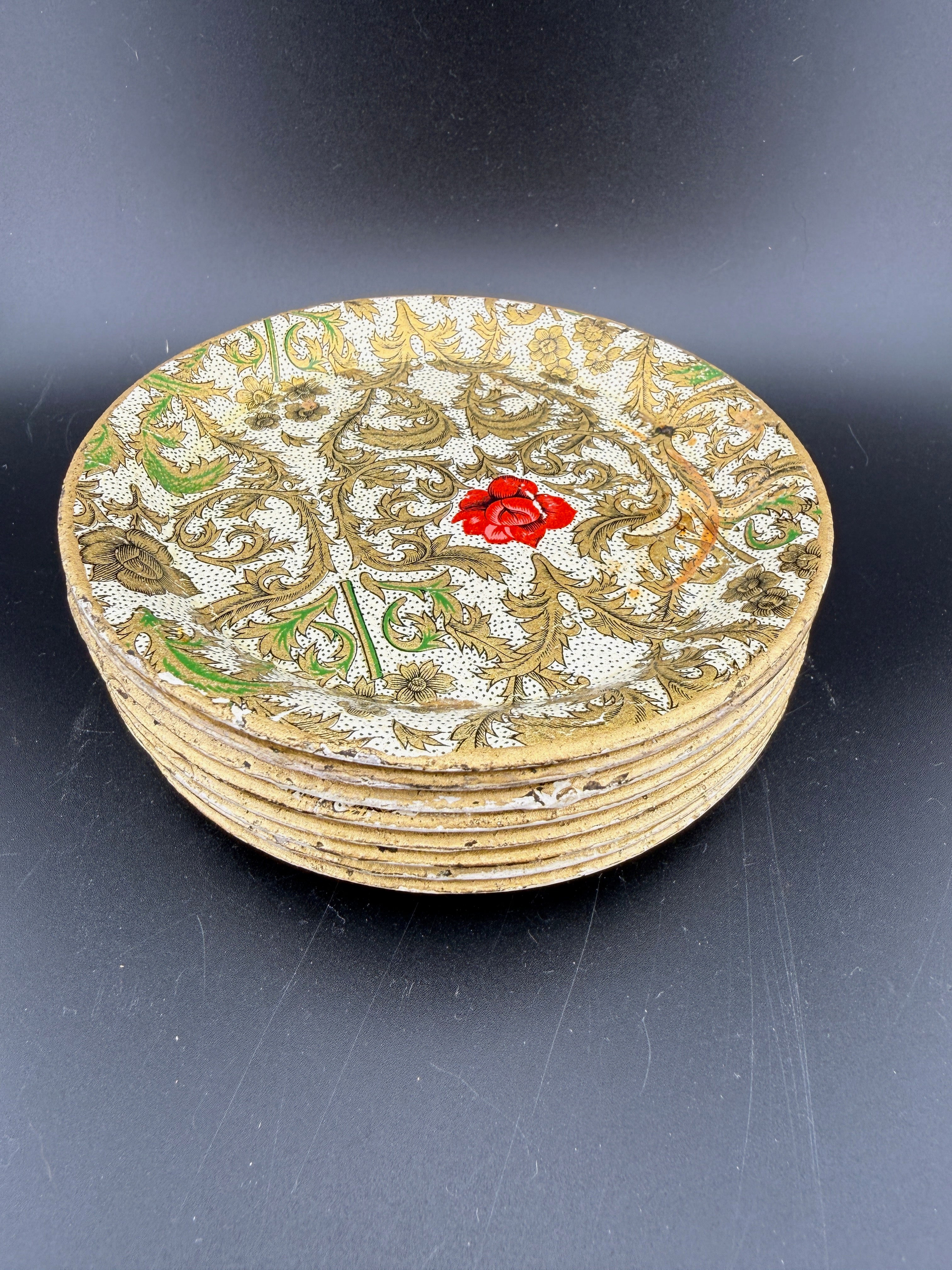 Vintage Viking Import Japan Lacquerware Coaster Set of 8 with Box — Gold Scrollwork & Red Rose