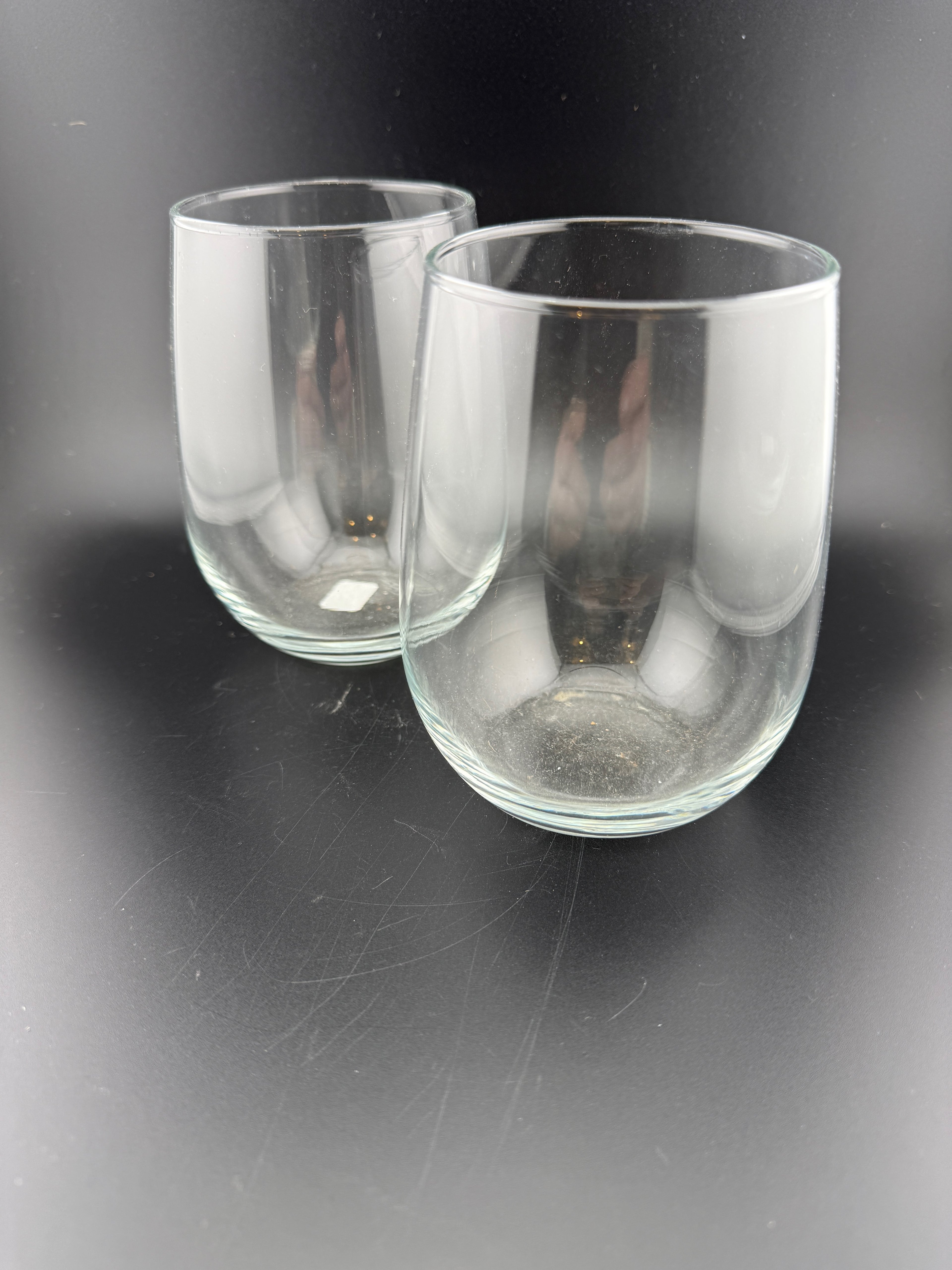 Pair of Vintage Clear Glass Stemless Wineglass/Tumblers — 4.25" Tall
