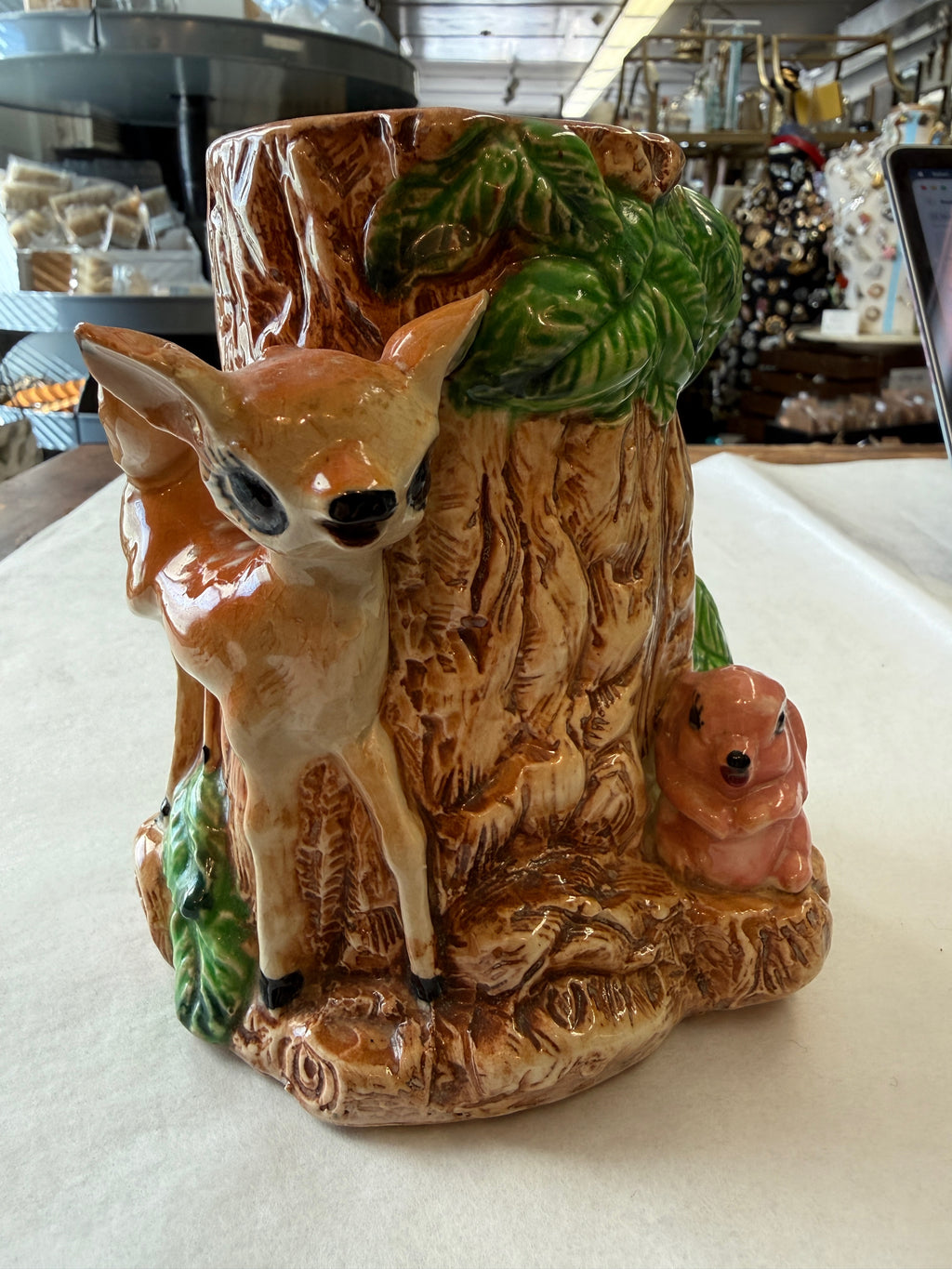 Vintage Ceramic Woodland Bambi Tree Stump Vase with Fawn and Squirrel