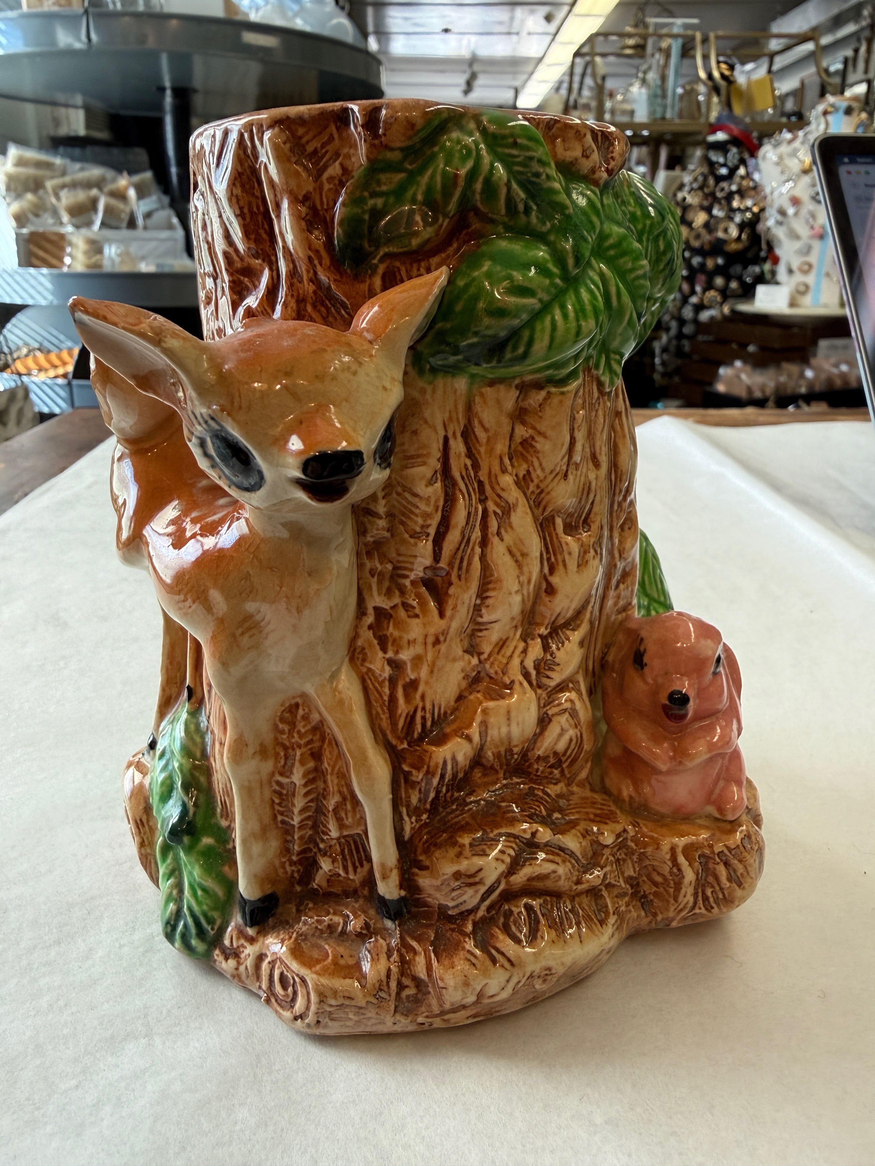 Vintage Ceramic Woodland Bambi Tree Stump Vase with Fawn and Squirrel