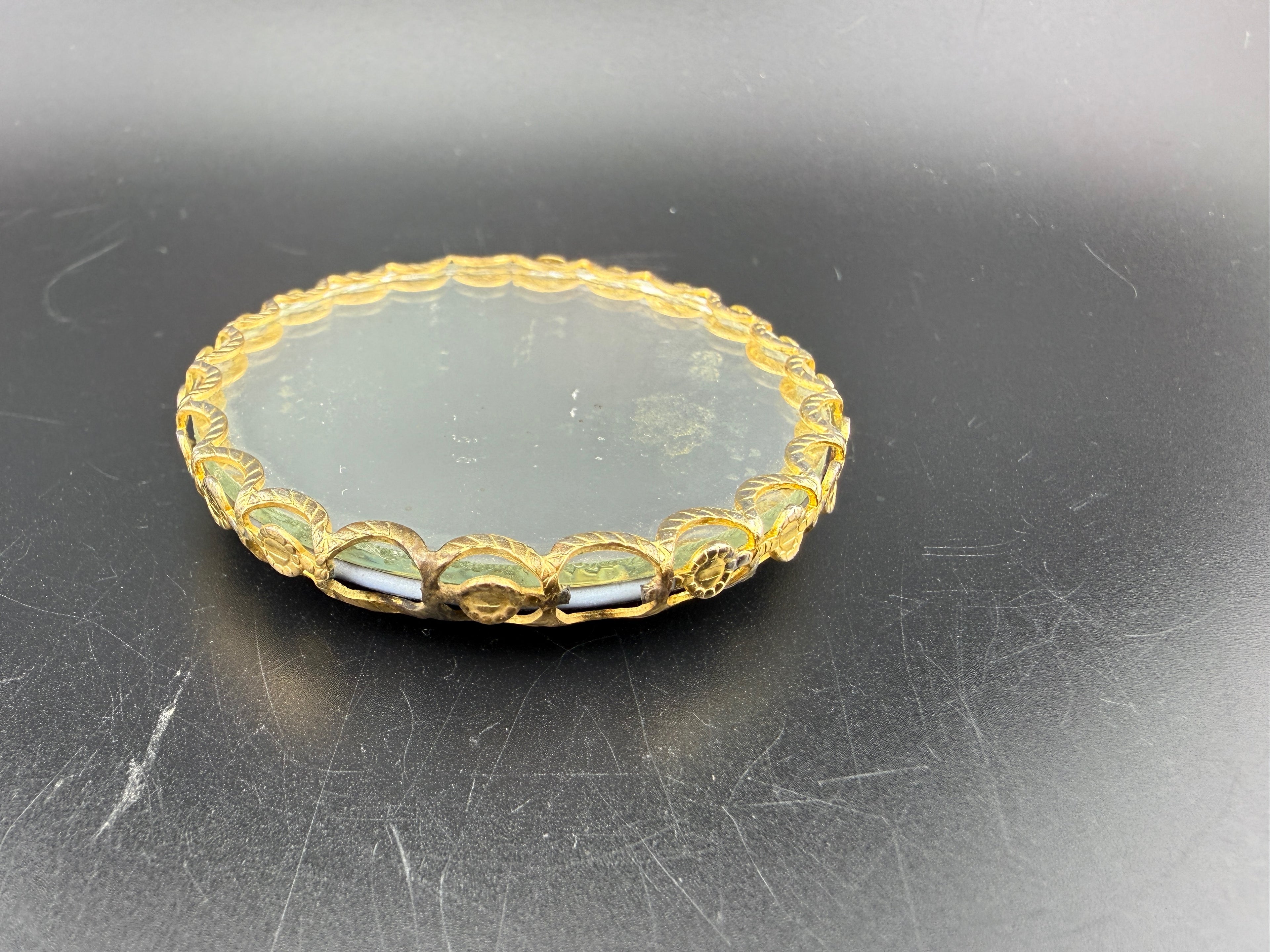 Vintage Cobalt Blue Enamel and Gold Purse mirror with Rococo Courting Scene and Scalloped Filigree Border