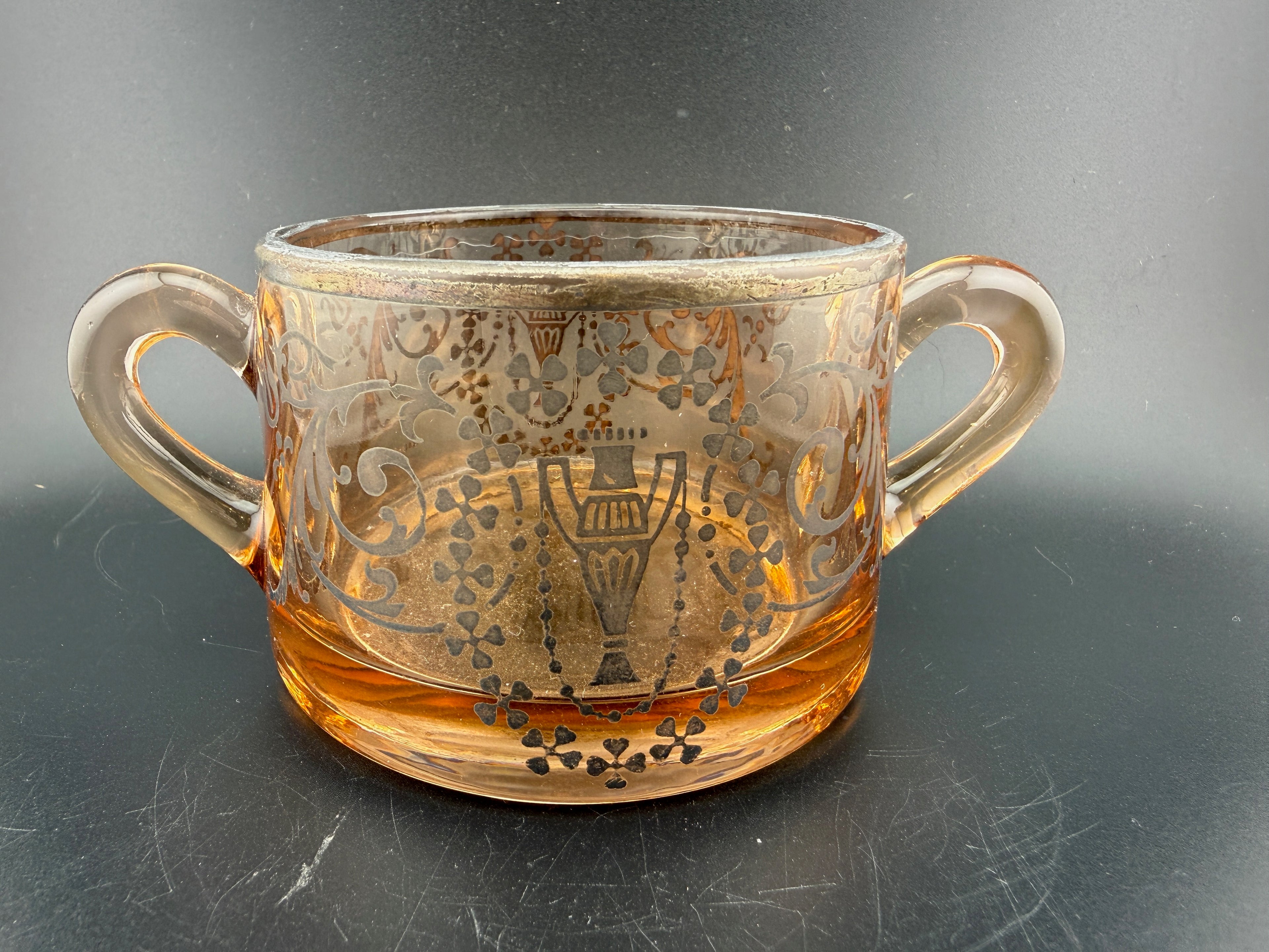 Vintage Amber Glass Double-Handled Sugar Bowl with Sterling Enamel Urn & Scroll Decoration