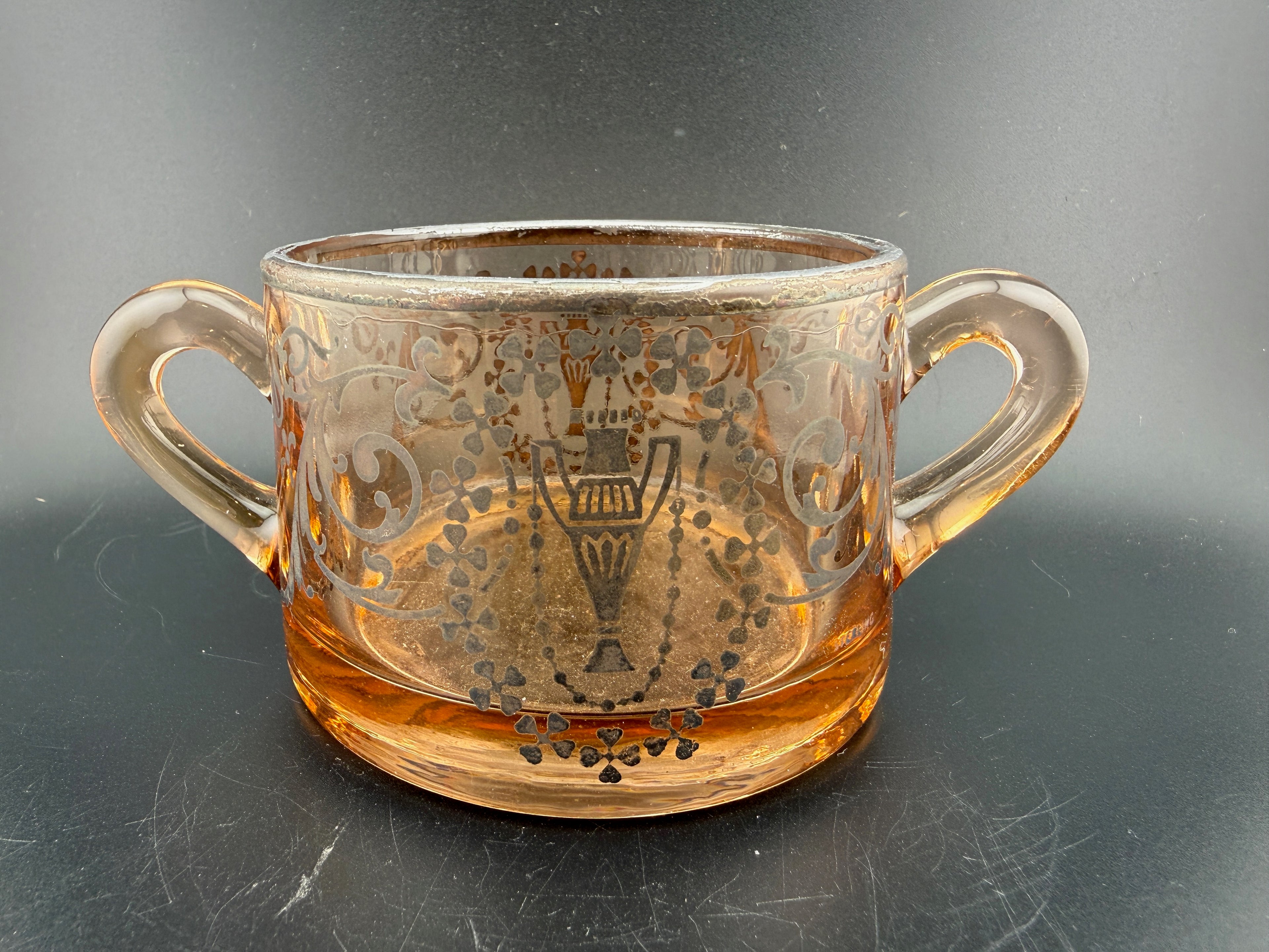 Vintage Amber Glass Double-Handled Sugar Bowl with Sterling Enamel Urn & Scroll Decoration