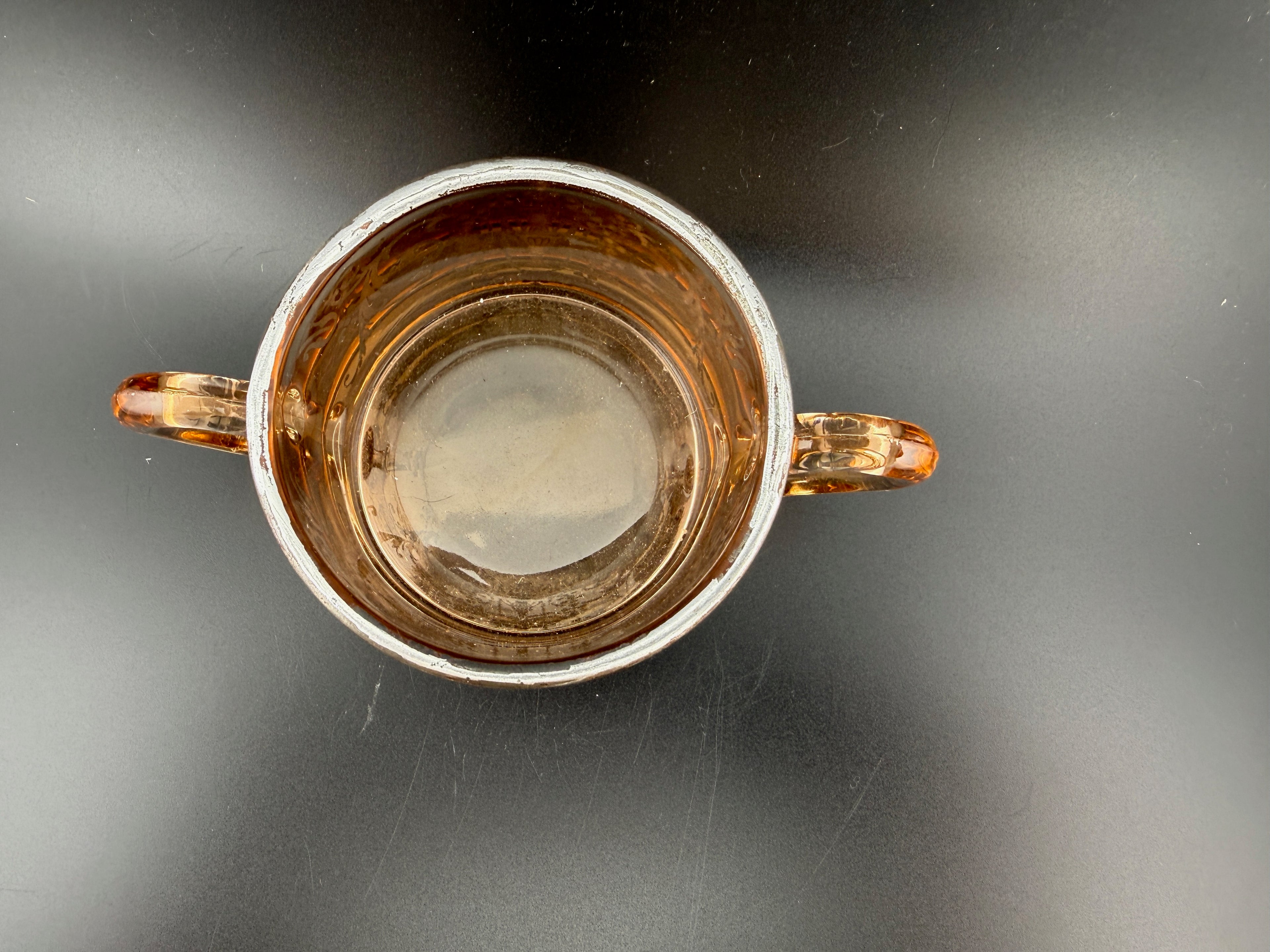 Vintage Amber Glass Double-Handled Sugar Bowl with Sterling Enamel Urn & Scroll Decoration