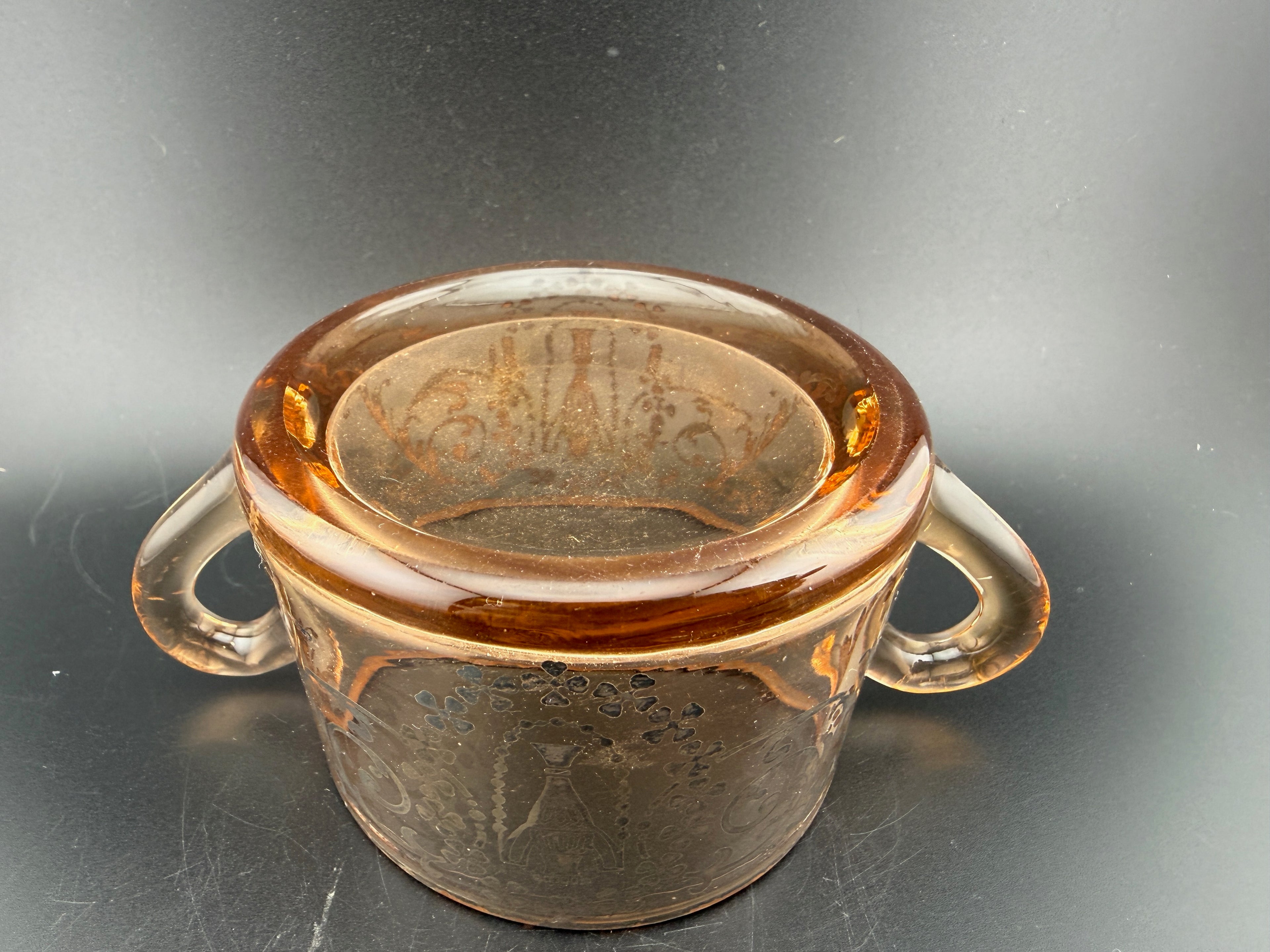 Vintage Amber Glass Double-Handled Sugar Bowl with Sterling Enamel Urn & Scroll Decoration