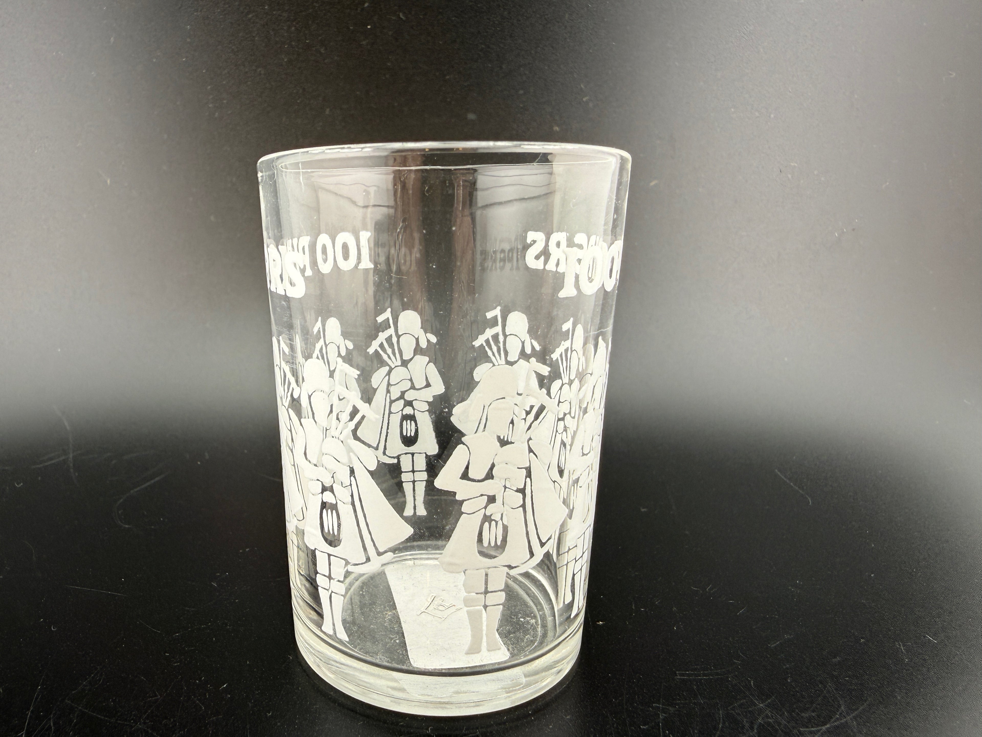 100 Pipers Scotch Whisky Promotional Rocks Glass — 2.5" — Bagpiper Scene Tumbler
