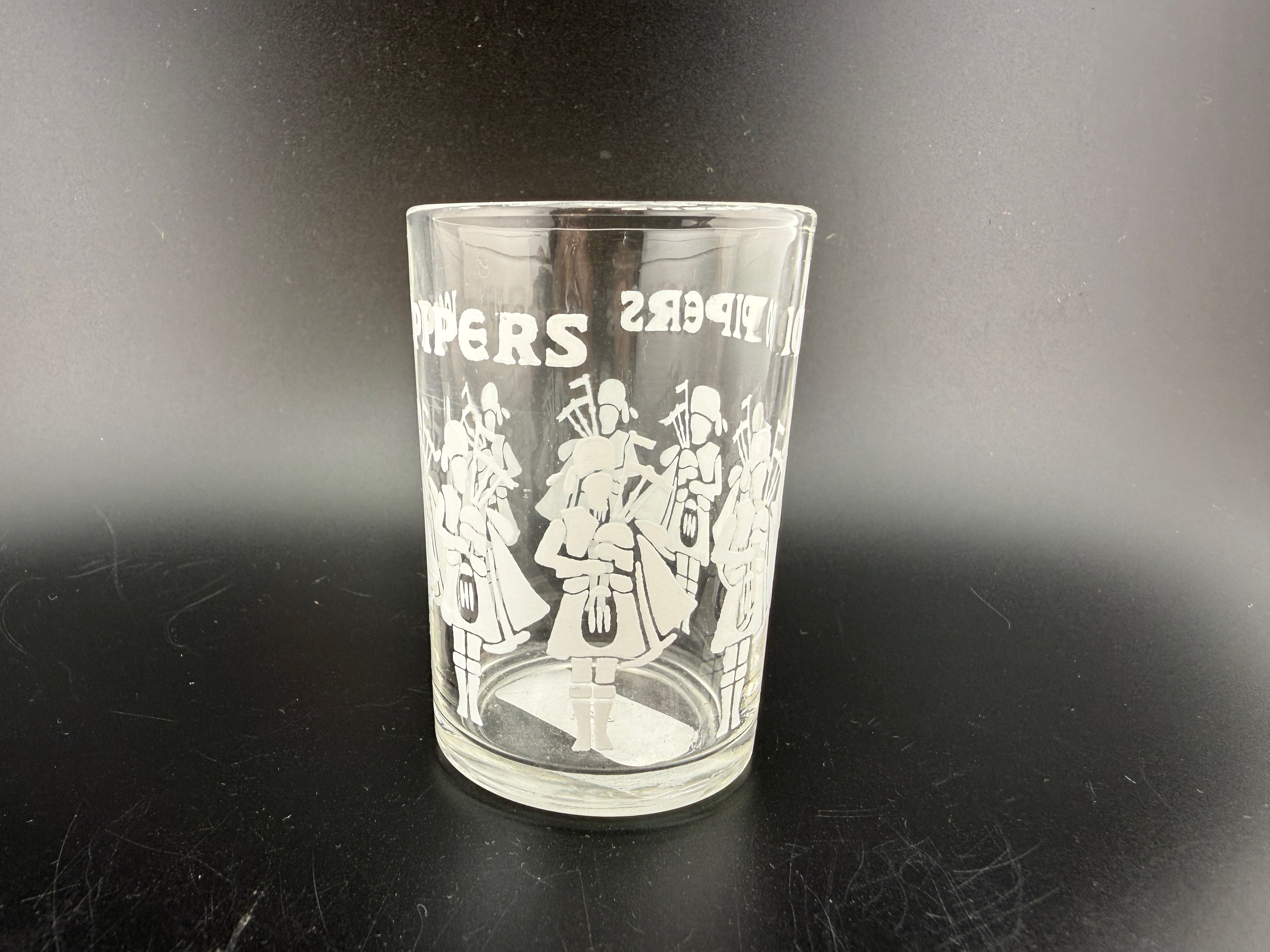 100 Pipers Scotch Whisky Promotional Rocks Glass — 2.5" — Bagpiper Scene Tumbler