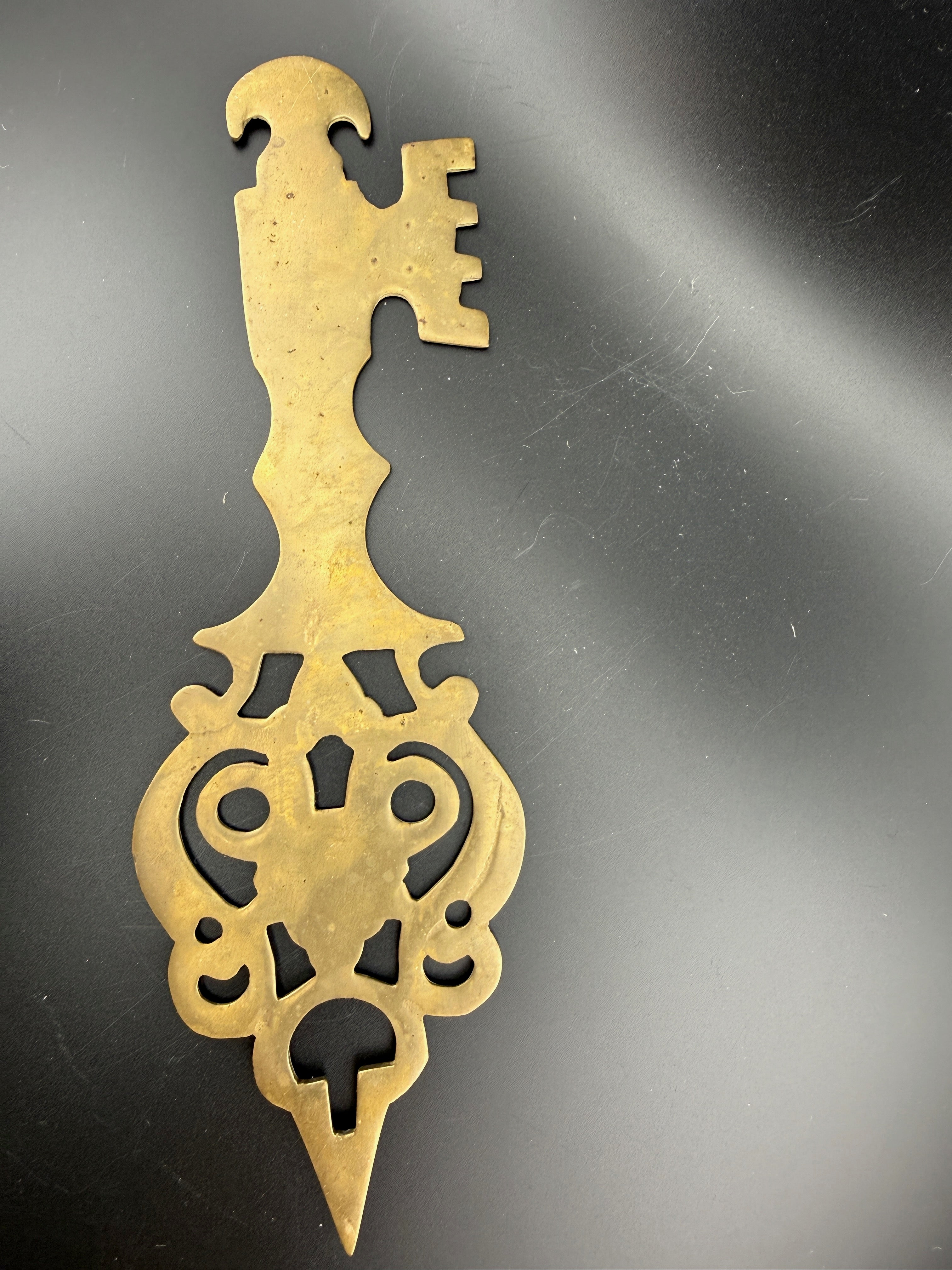 Antique Brass Clock Pendulum Bob — Ornate Pierced Scrollwork — 10" Tall
