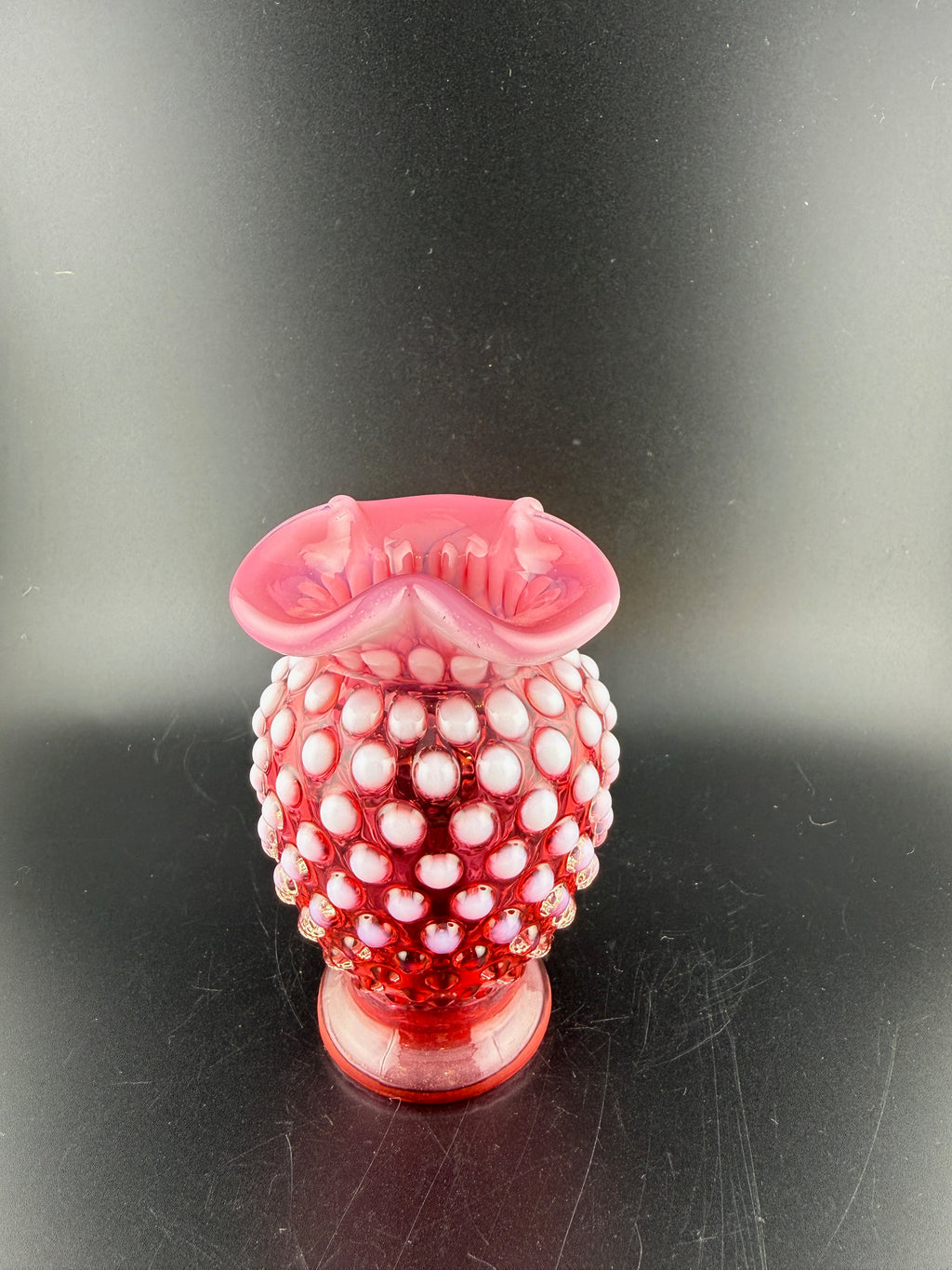 Vintage Fenton Cranberry Opalescent Hobnail Glass Vase with Ruffled Rim