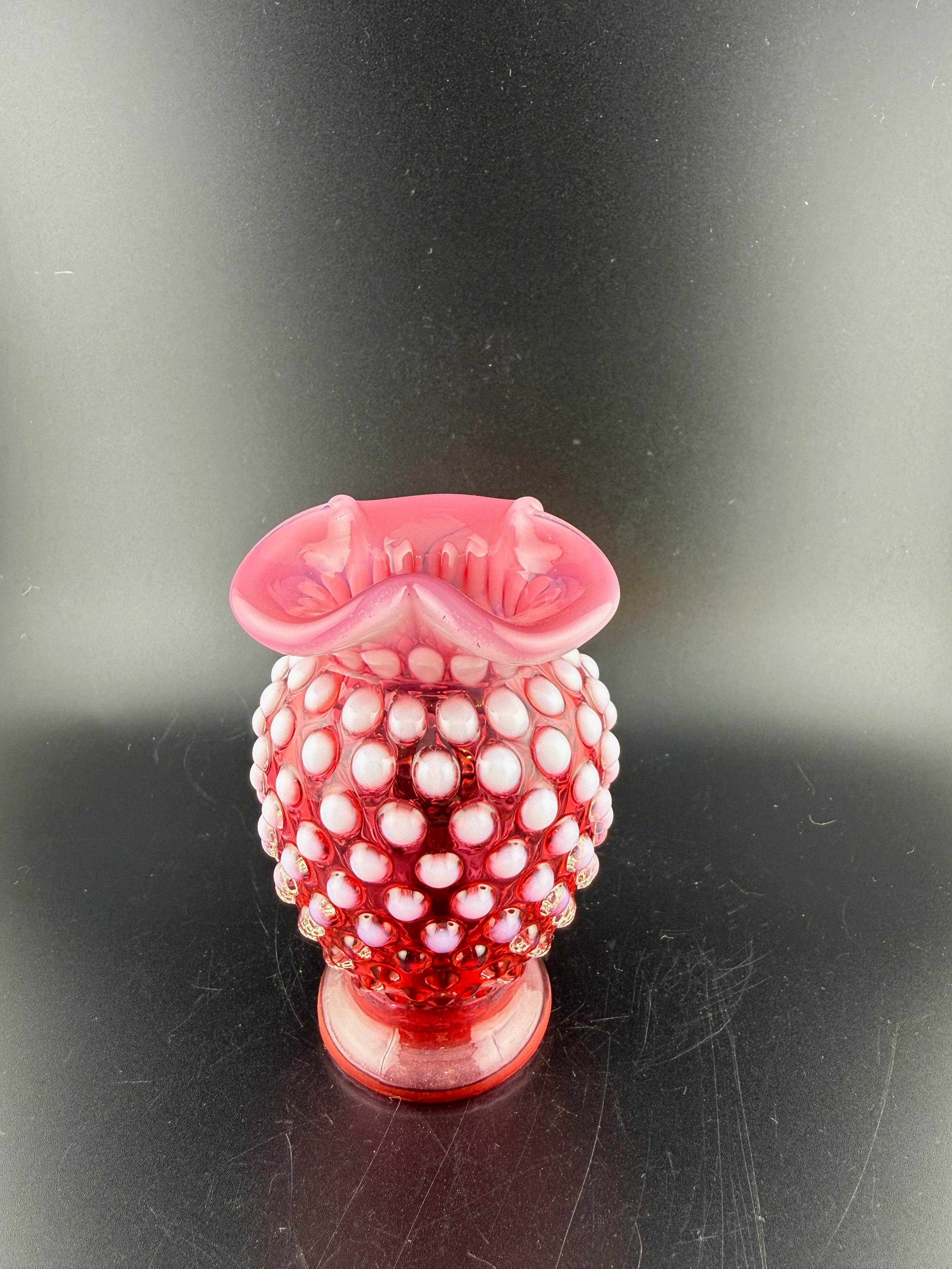 Vintage Fenton Cranberry Opalescent Hobnail Glass Vase with Ruffled Rim
