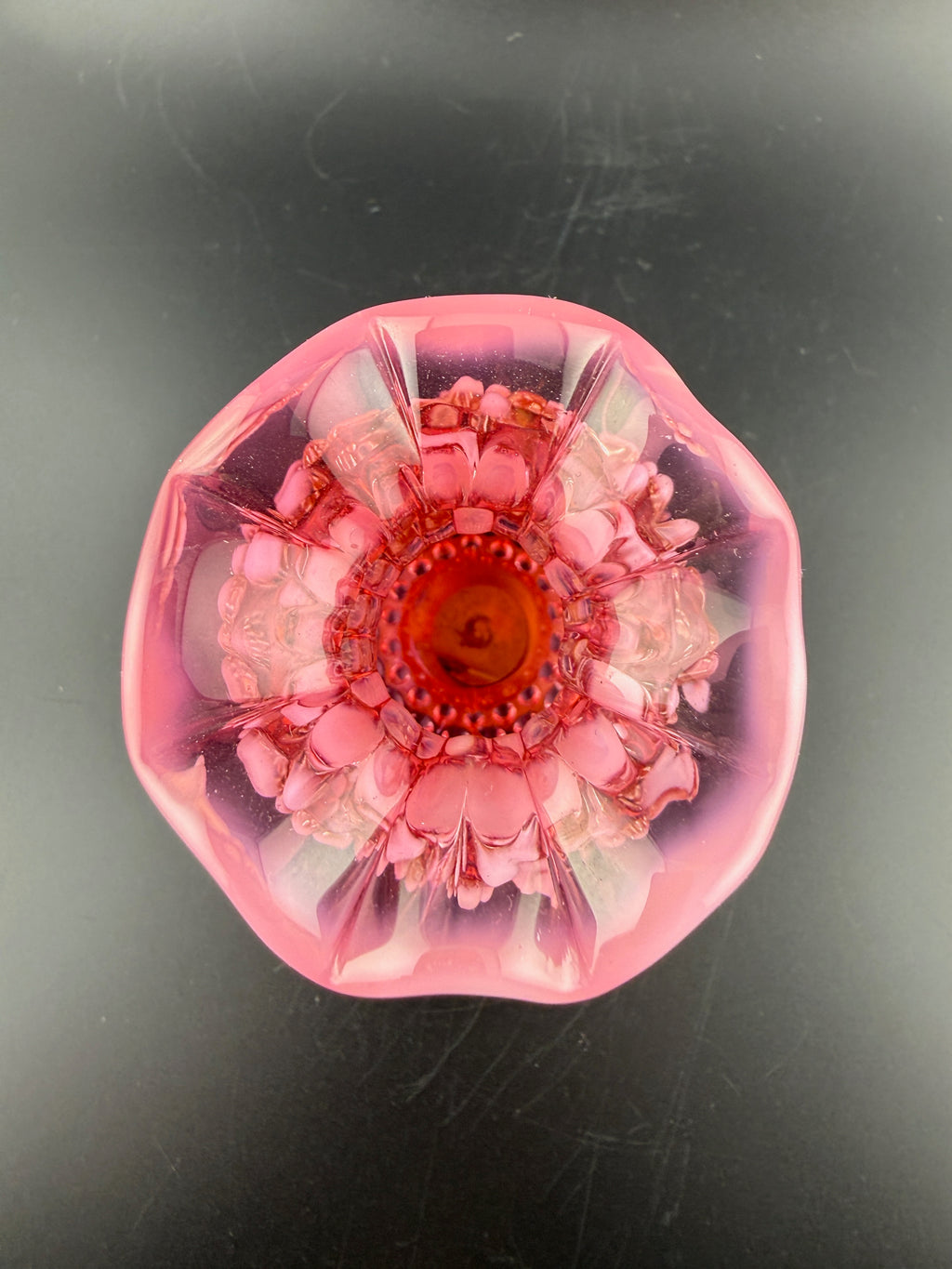 Vintage Fenton Cranberry Opalescent Hobnail Glass Vase with Ruffled Rim